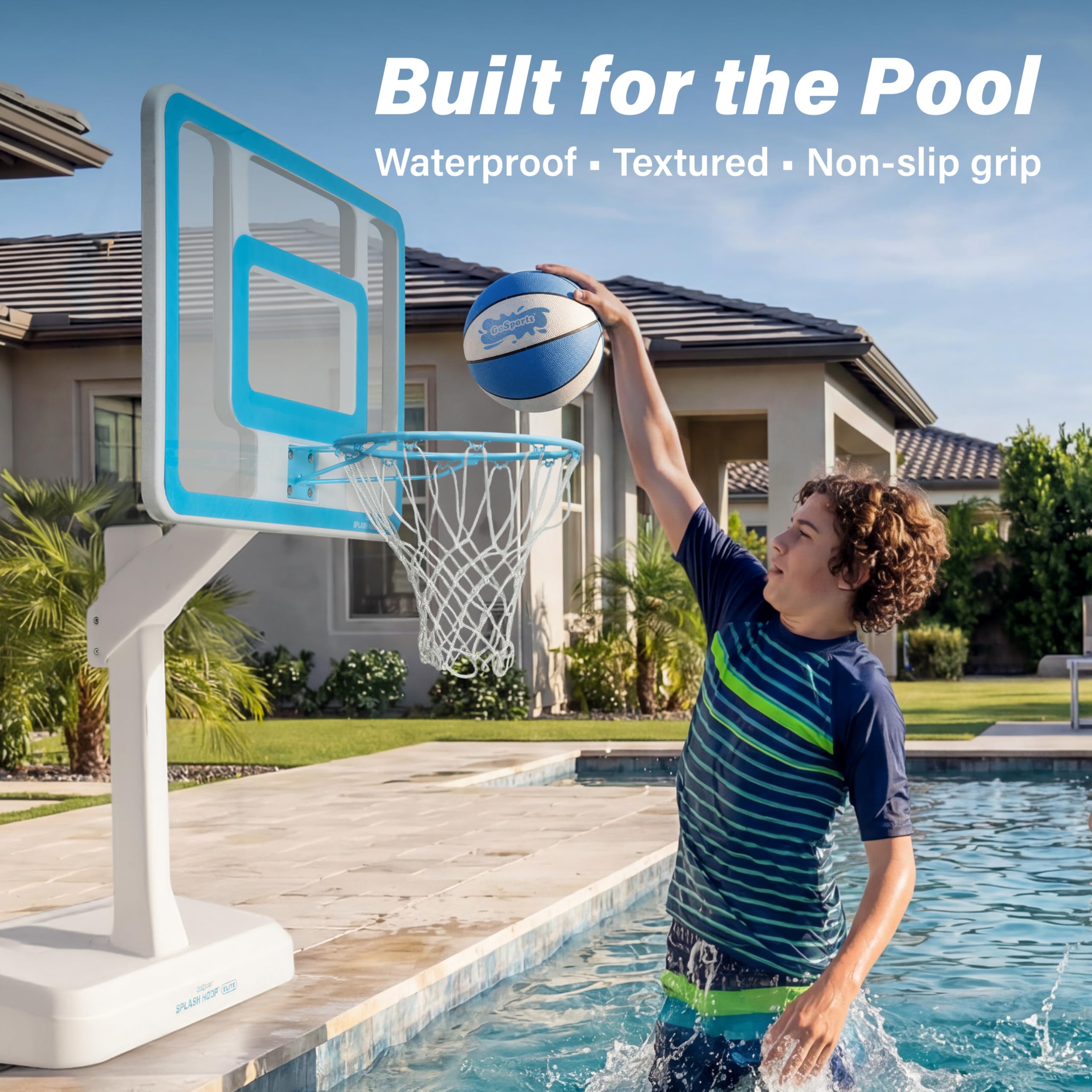 GoSports water basketballs 6.5 inch near pool hoop