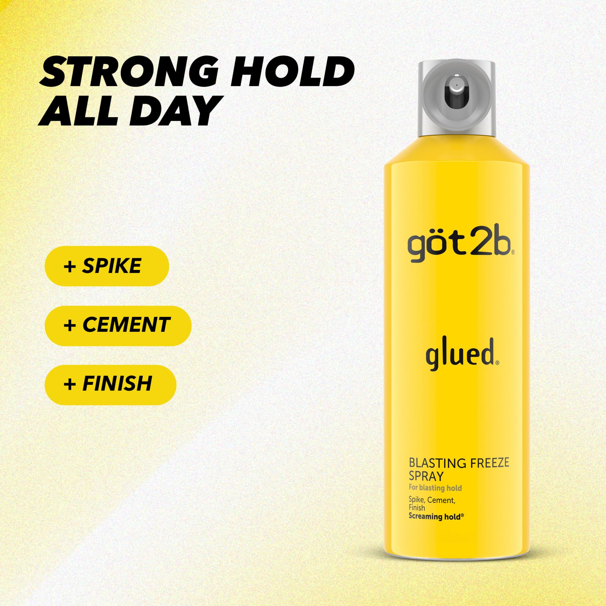 six-pack got2b Glued Blasting Freeze Hair Spray display on shelf