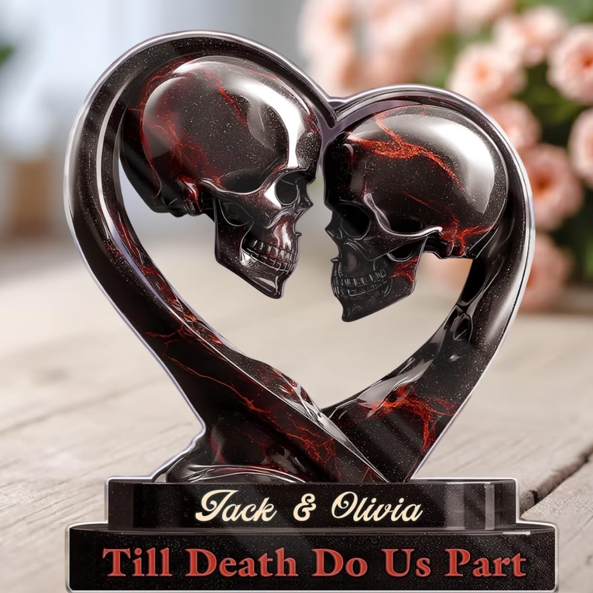 Gothic skull heart design on acrylic plaque for couples