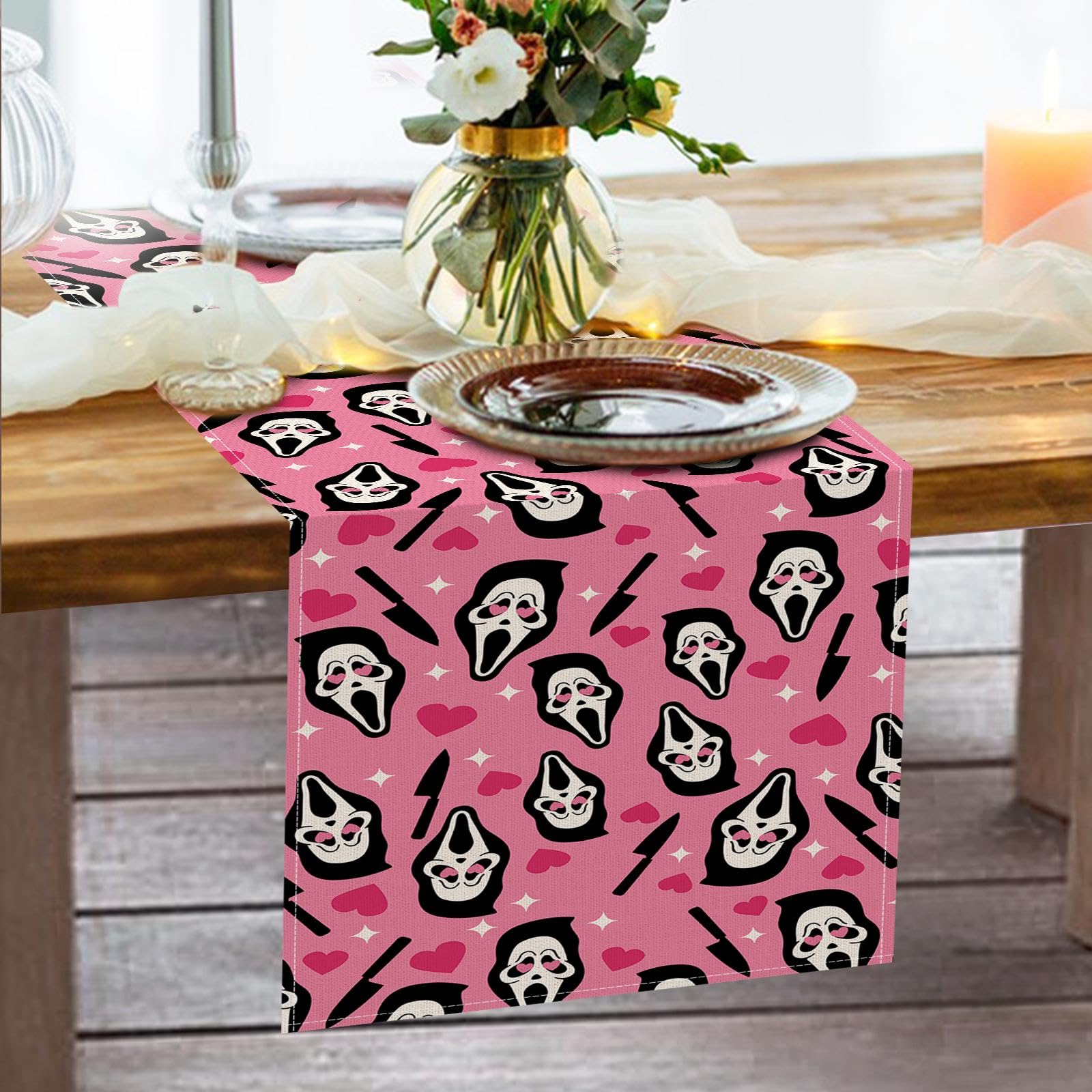 Gothic style pink runner used as Halloween centerpiece