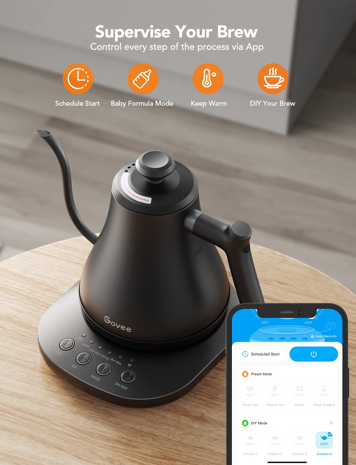 Matte black finish and ergonomic handle of Govee kettle
