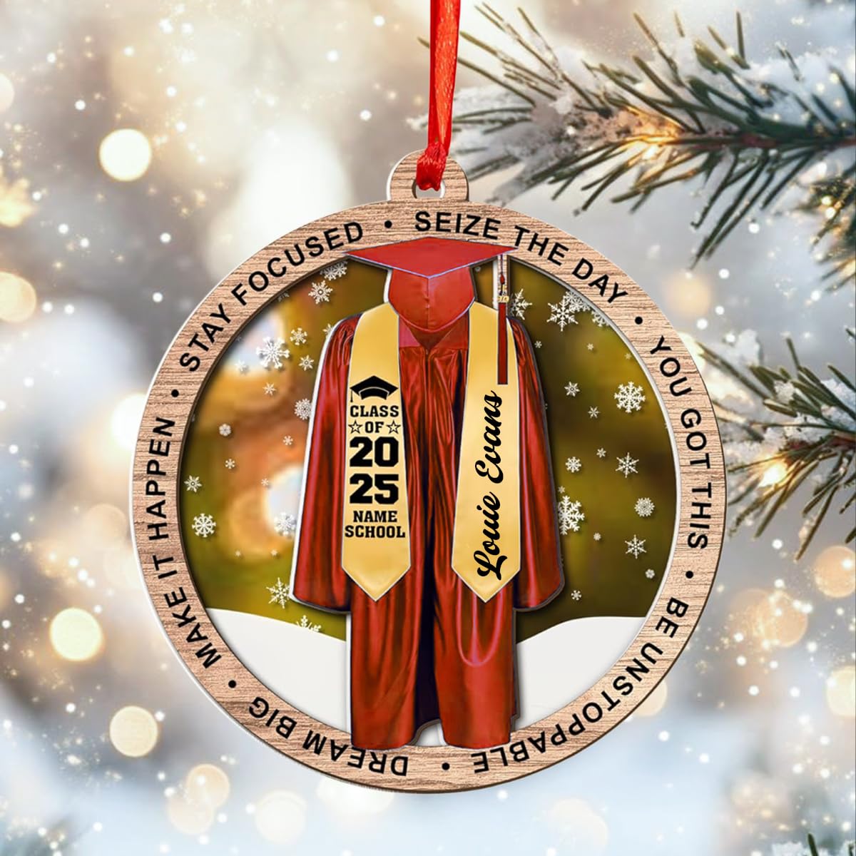 Gown ornament featuring a personalized ribbon