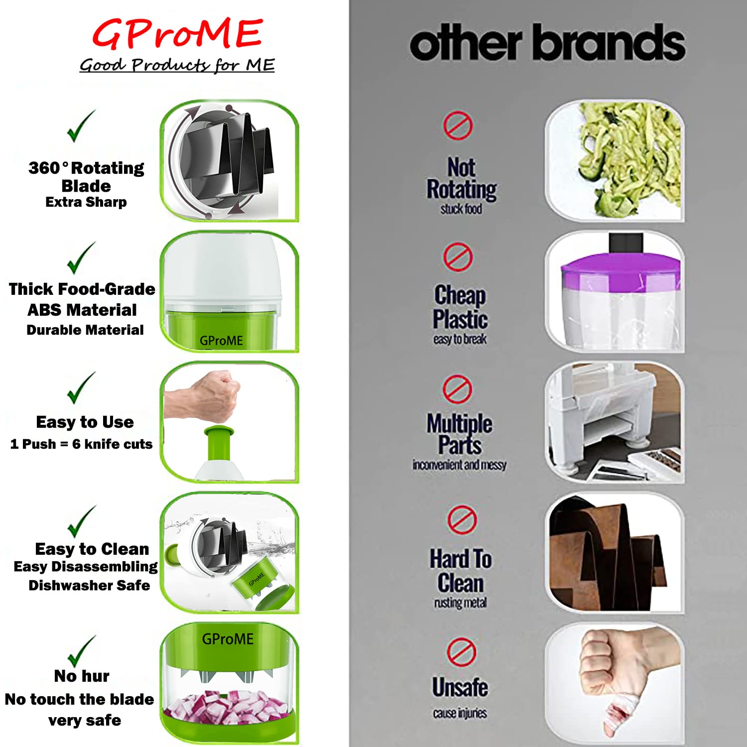 GProME New Food Chopper manual hand chopper with stainless blade