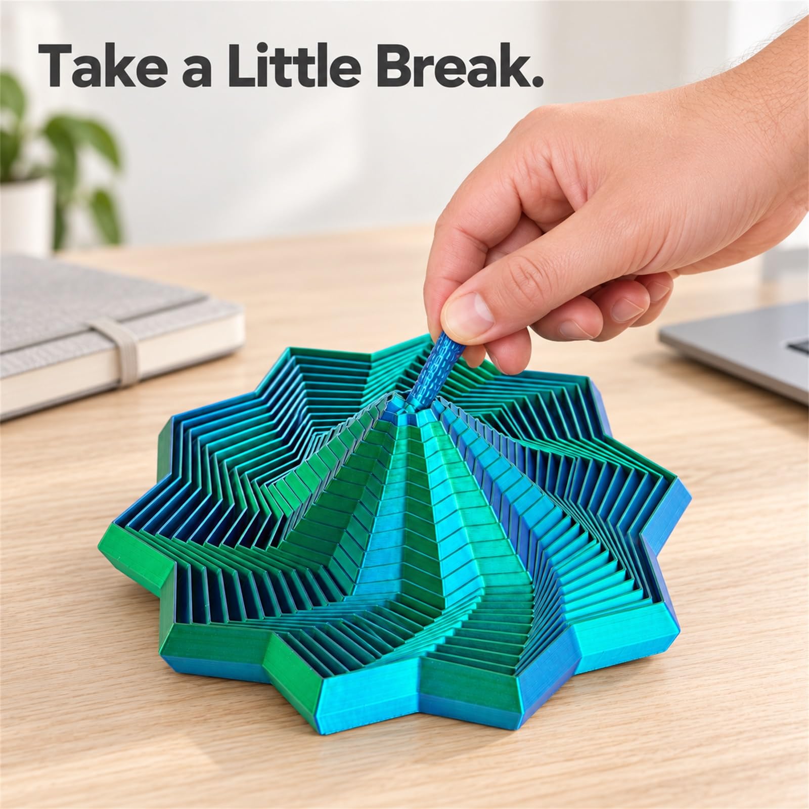 Gradient two-color 3D printed fidget star close up