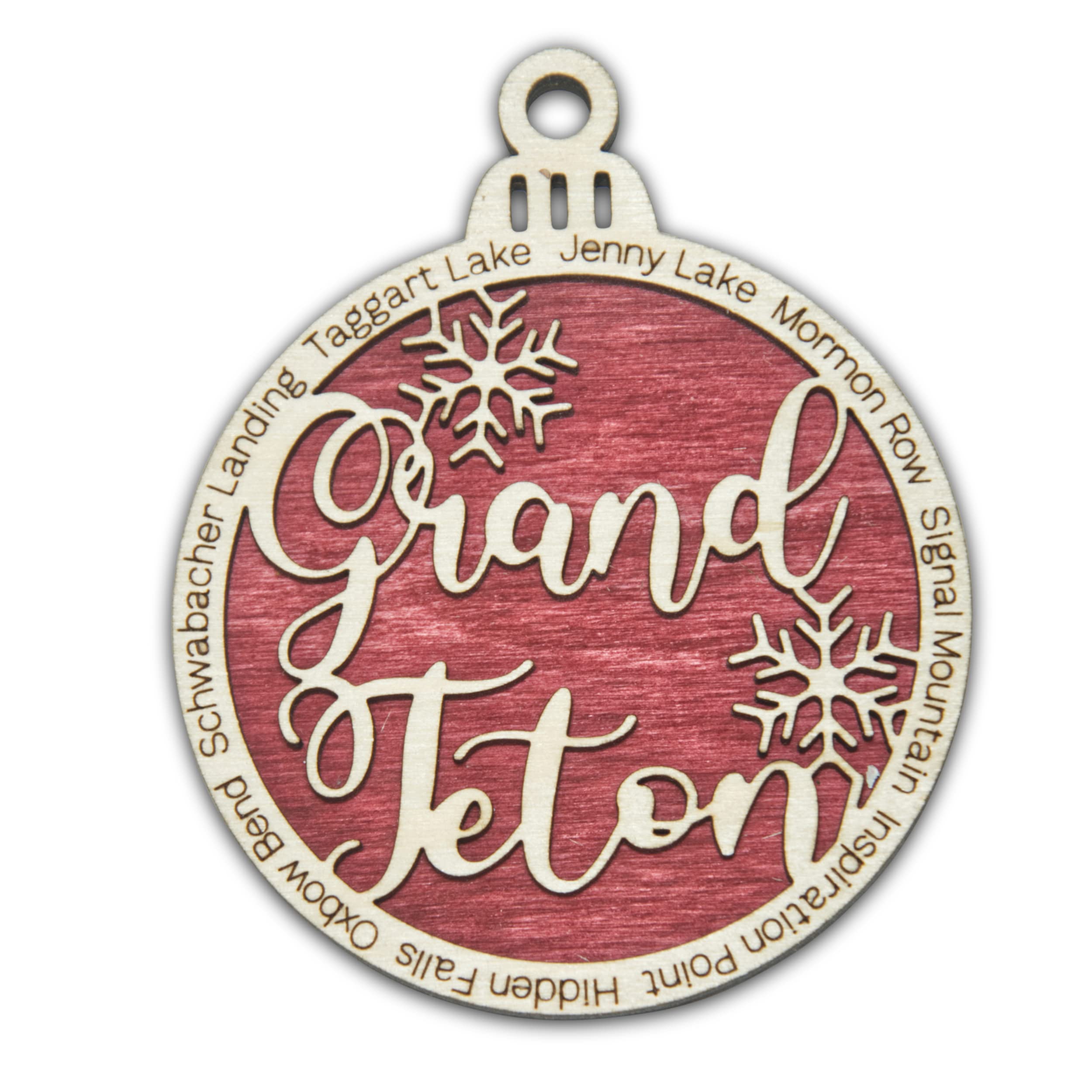 Grand Teton National Park ornament front view showing eight park landmarks on birch layers