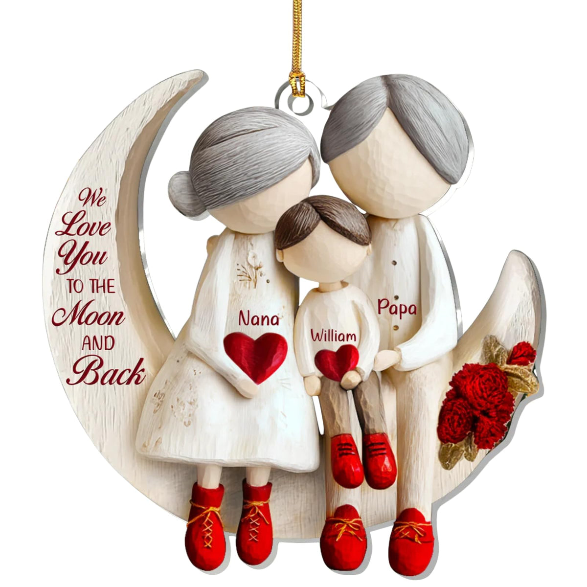 Grandparents and Grandchild Moon Love ornament size 3.54x3.54 inches one side printing