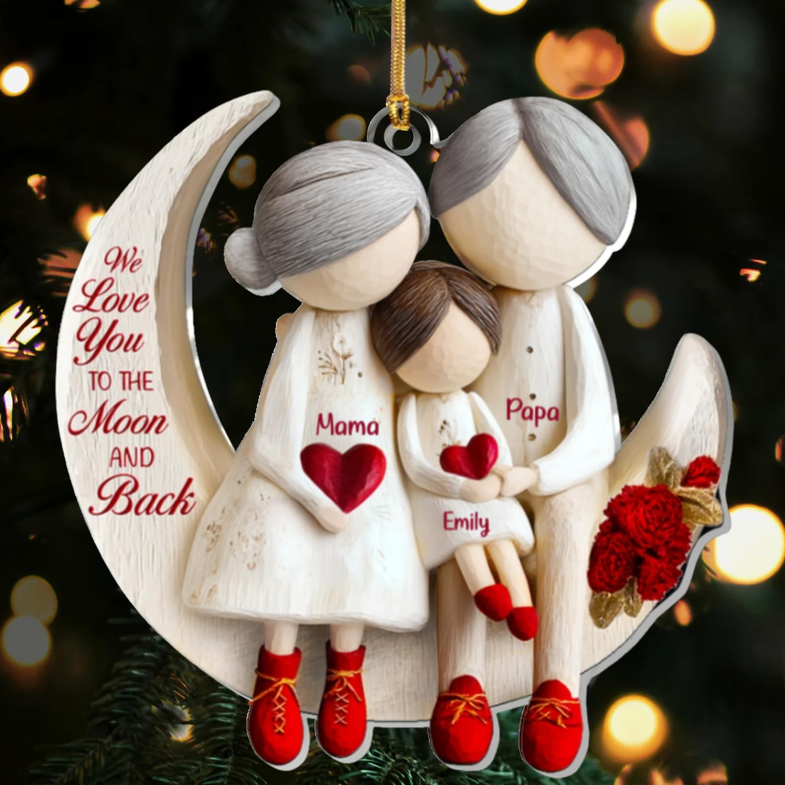 Grandparents and Grandchild Moon Love ornament size 5x5 inches one or two sided printing