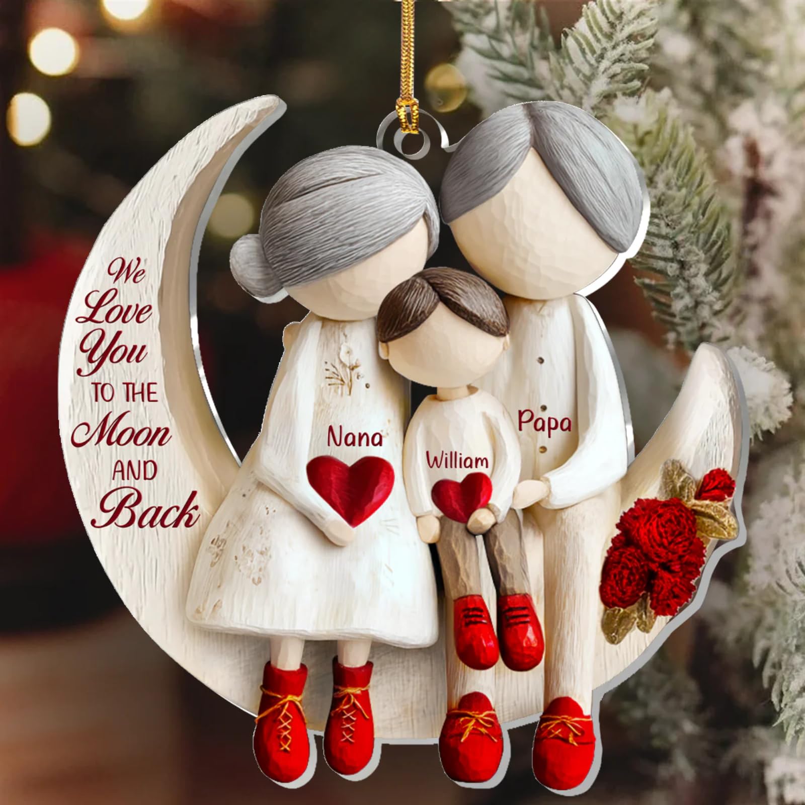Grandparents and Grandchild Moon Love ornament size 6x6 inches one or two sided printing