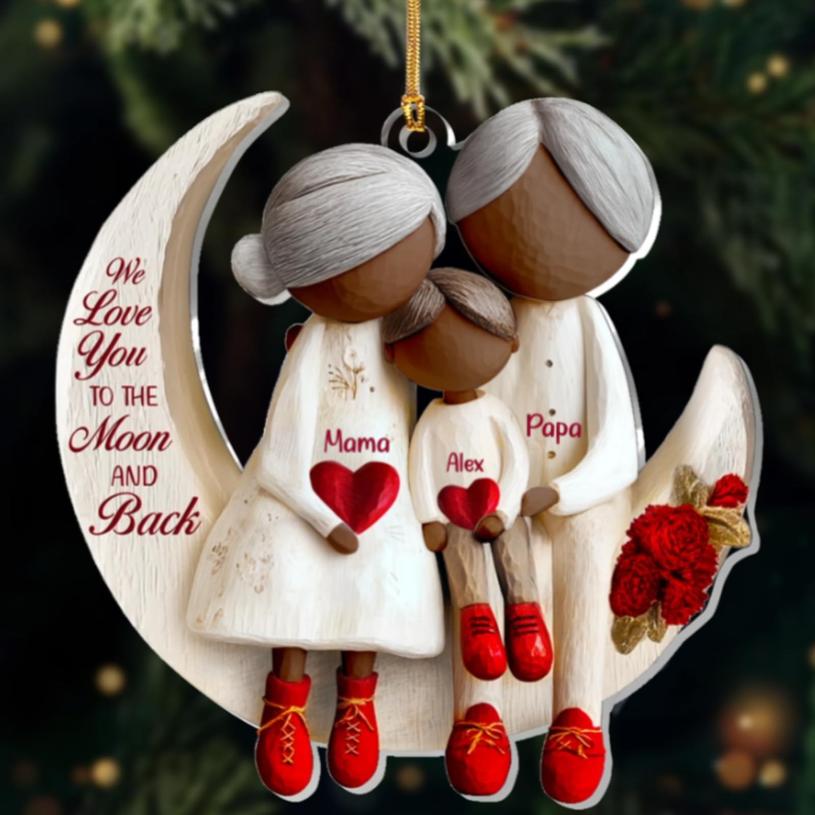 Grandparents and Grandchild Moon Love ornament size 7x7 inches one or two sided printing