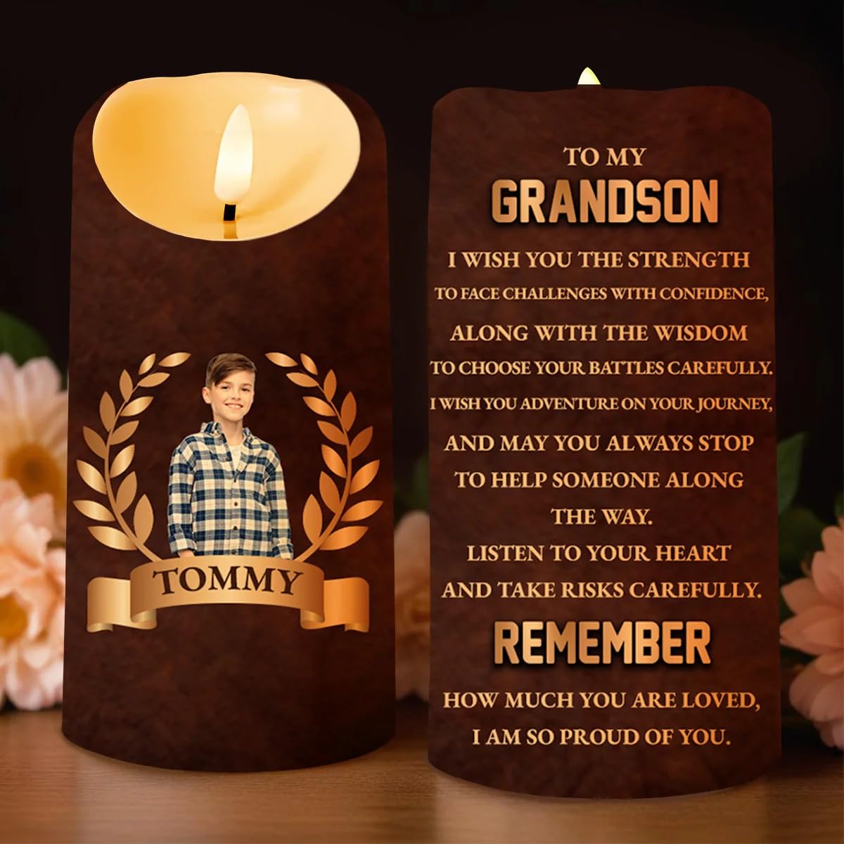 Grandson LED candle with custom name displayed in cozy lighting