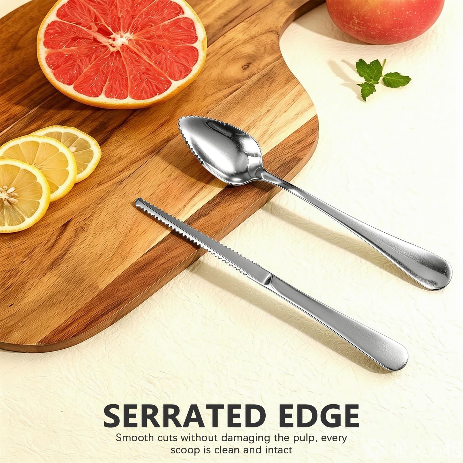 Two grapefruit spoons and one grapefruit knife pack shot