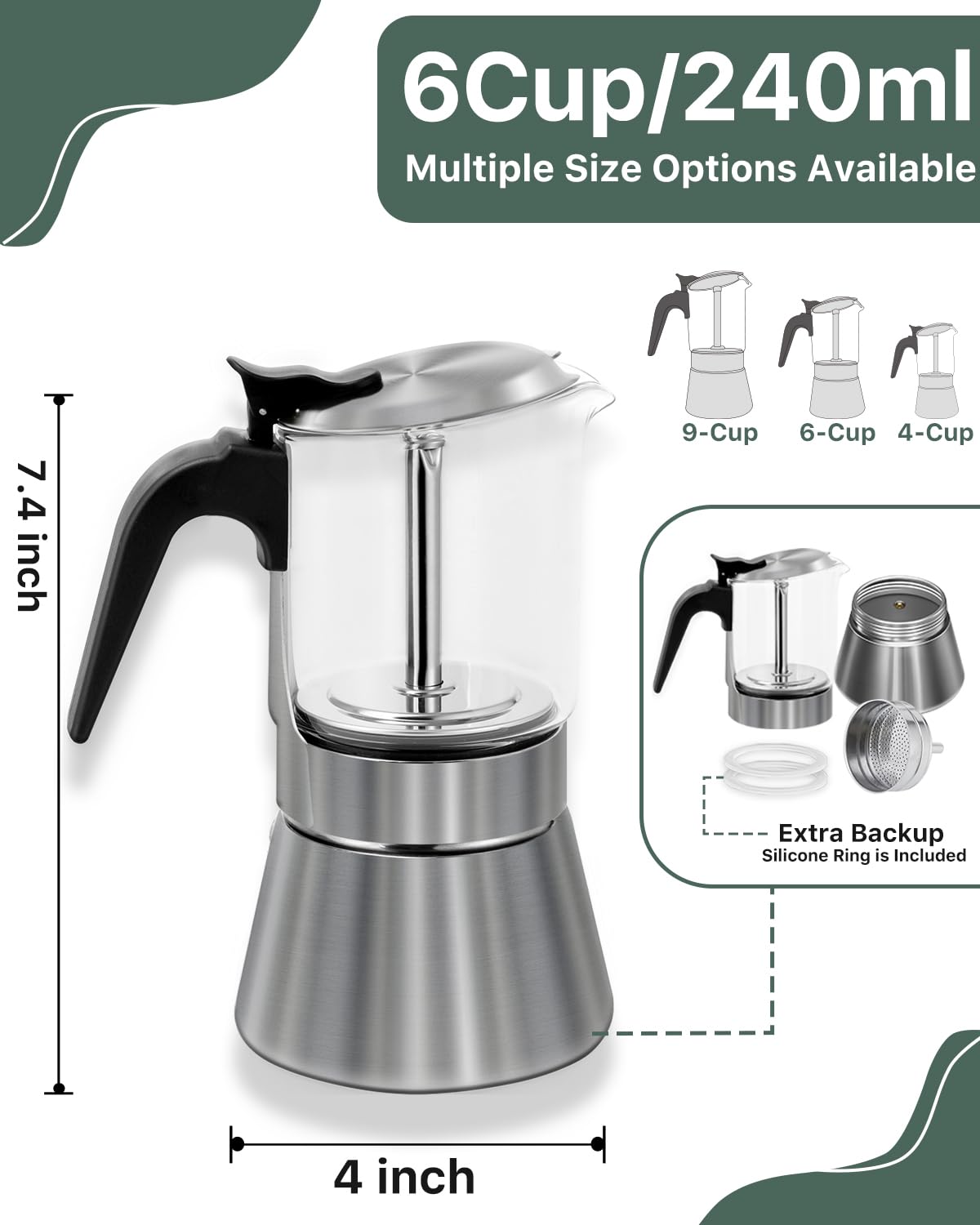 Stainless steel stovetop espresso maker by Grasseed