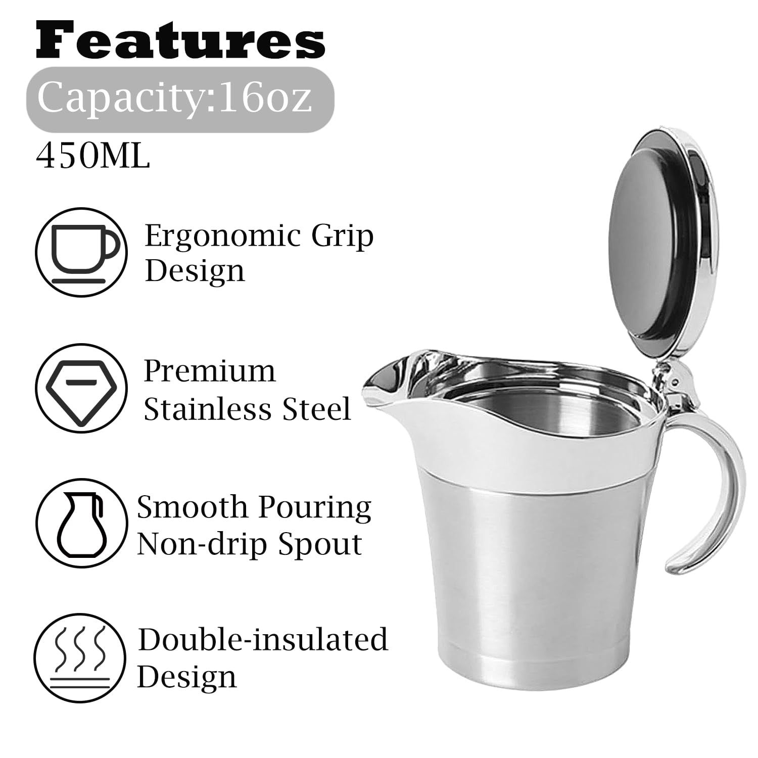 Gravy boat with drip-free wide spout pouring