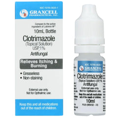 Graxcell Clotrimazole 1% antifungal topical solution bottle with dropper