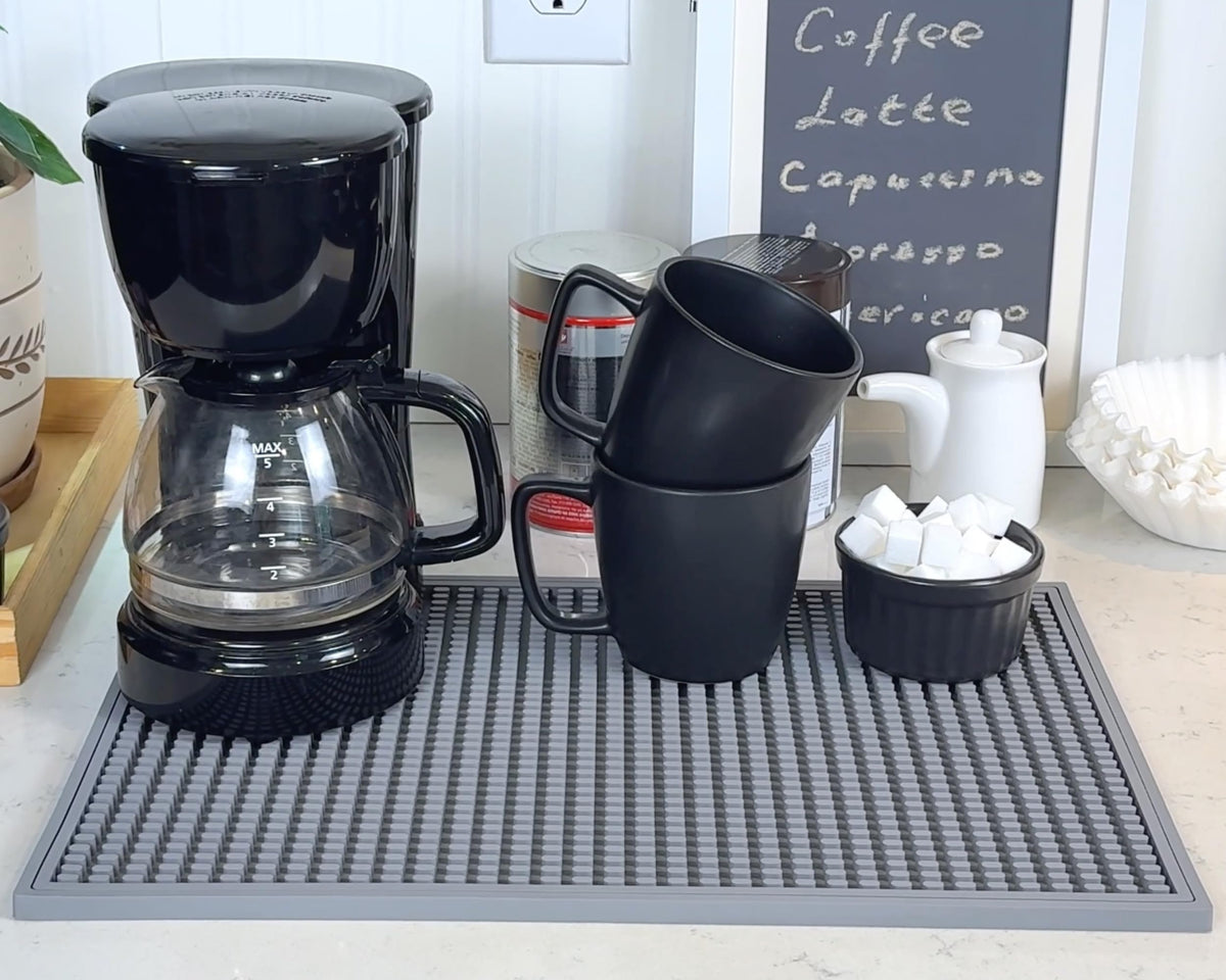 Gray silicone coffee maker mat for countertop 18x12