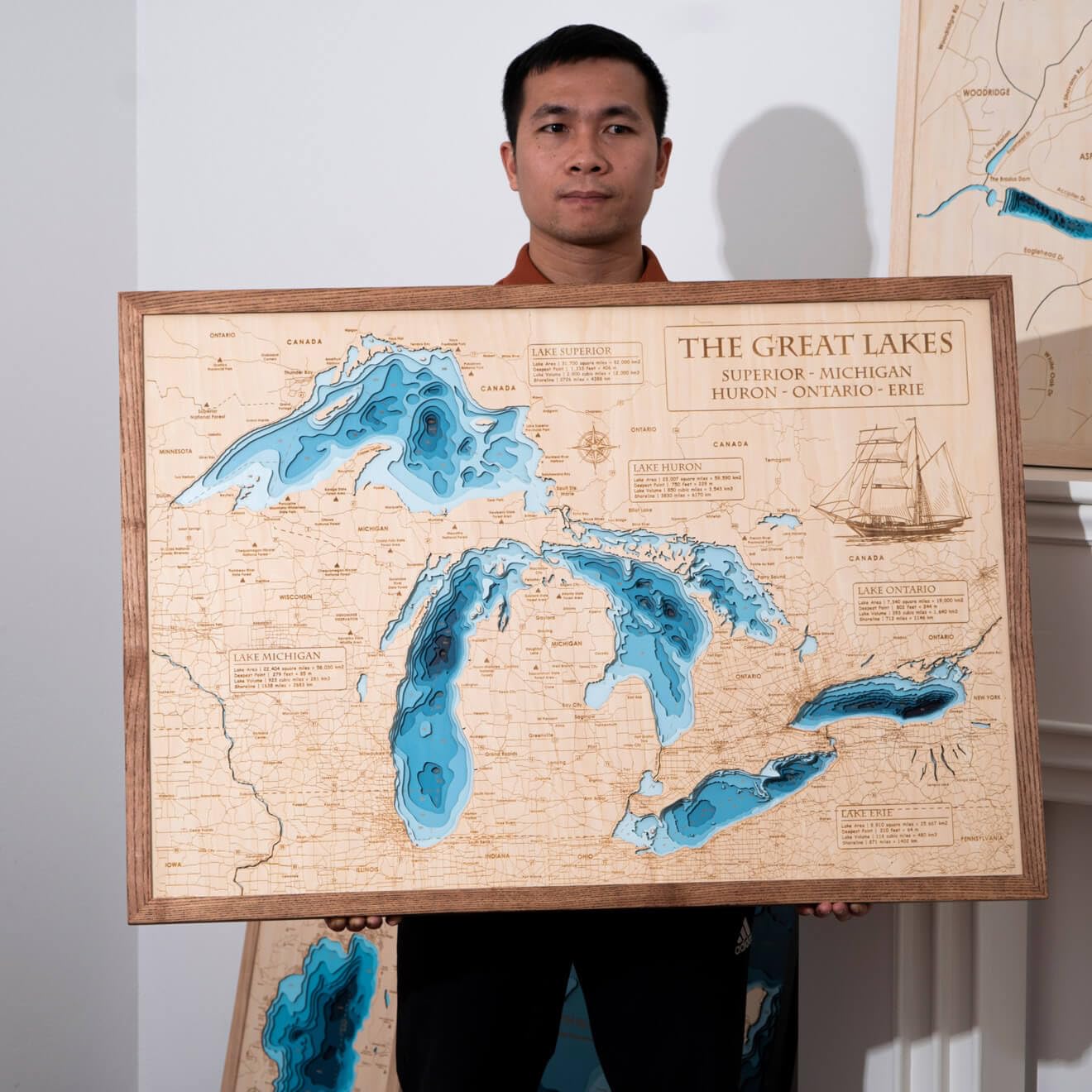 Personalized Great Lakes map wall art engraving