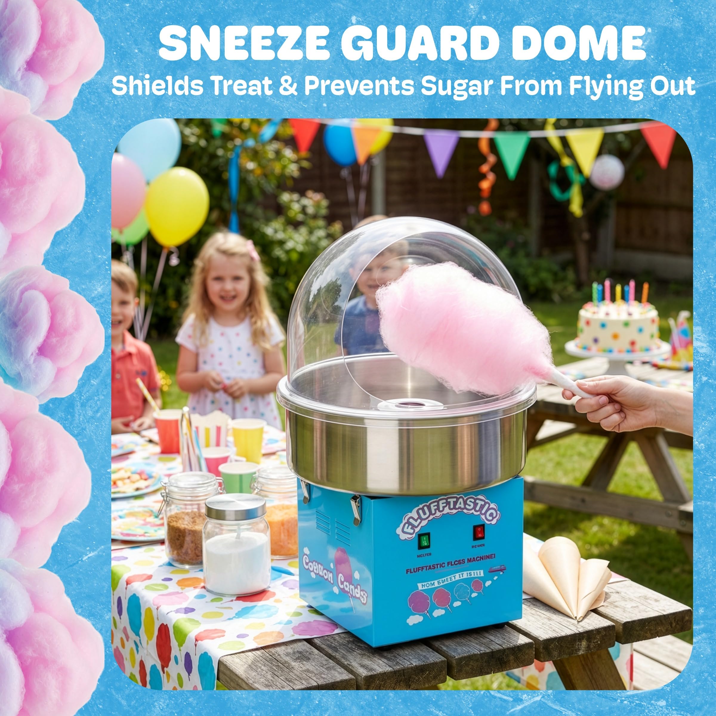 Clear plastic bubble dome shields floss from dust during spinning