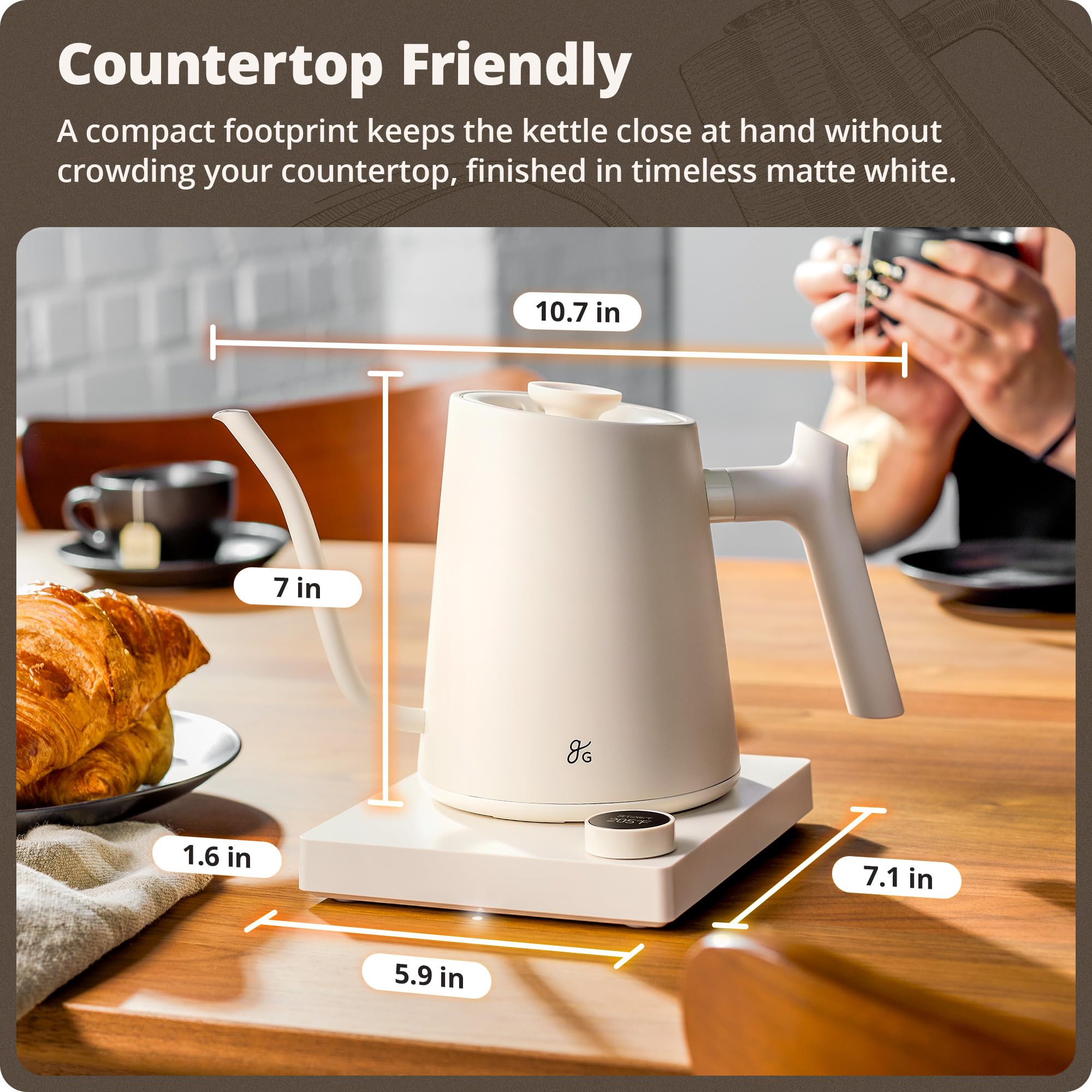 Gooseneck kettle showing 1200W heating power