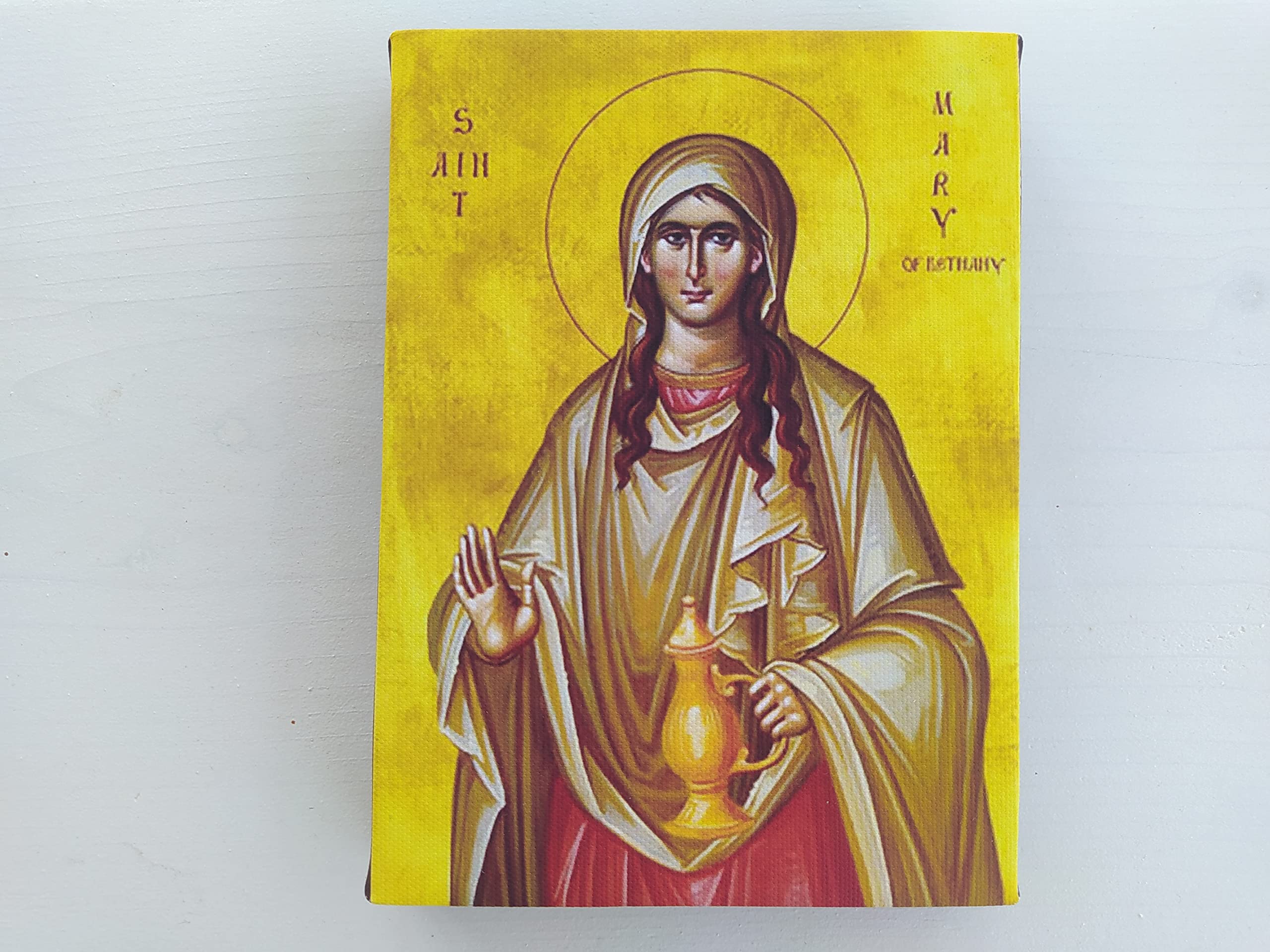 Greek Orthodox Saint Mary Magdalene icon on canvas close up colors