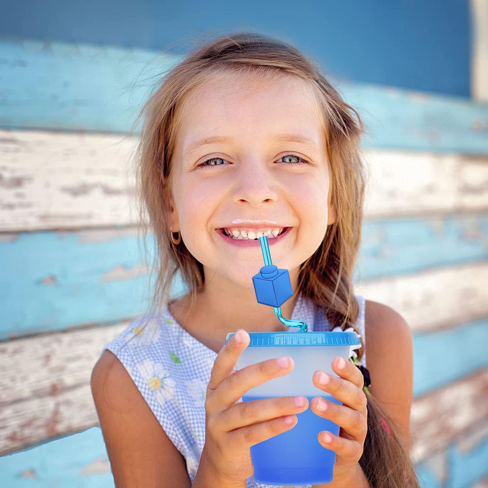Building Blocks Party straws with blue brick block pattern