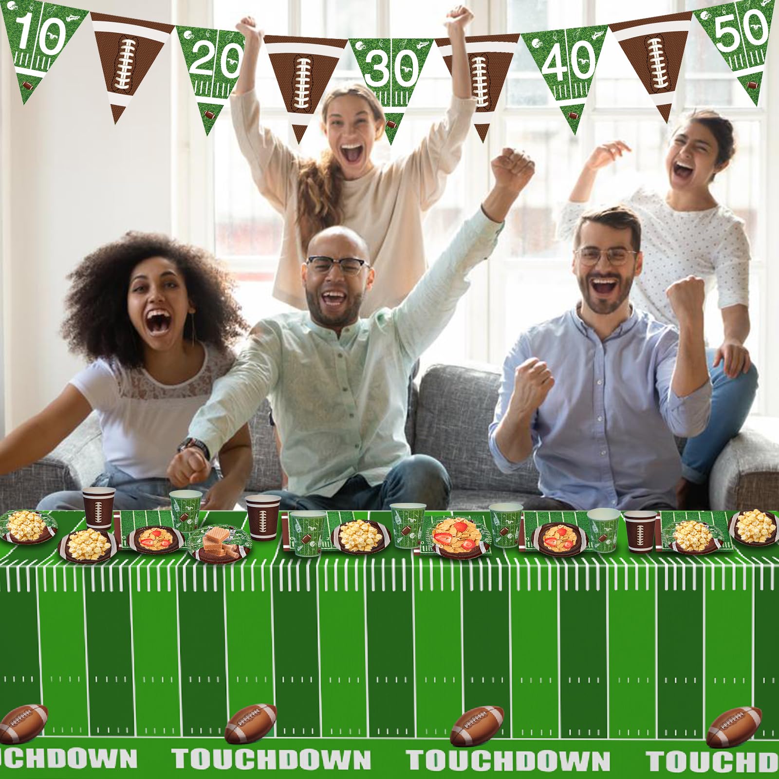 54 x 108 inch football themed tablecloth on party setup