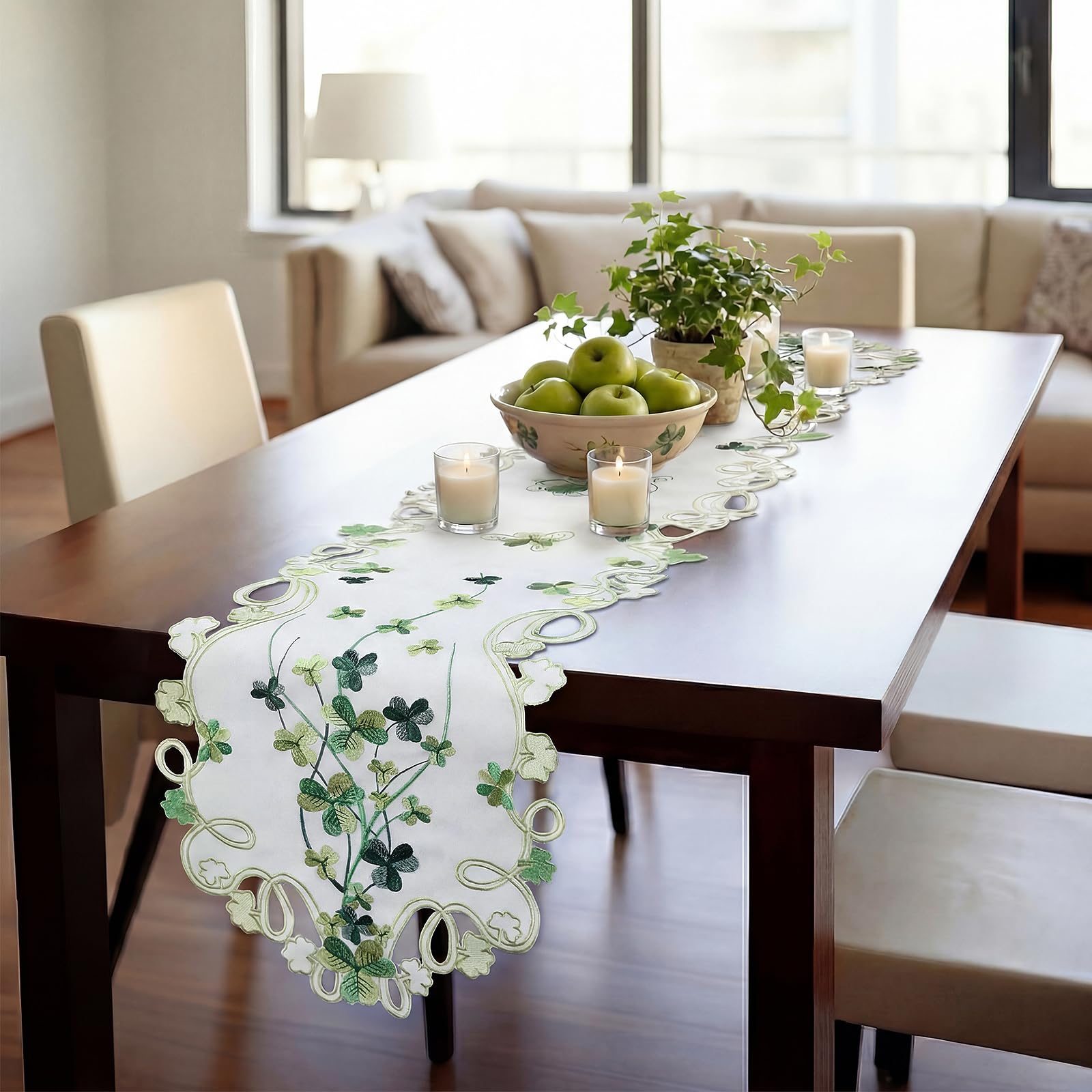 Table runner with shamrock pattern for spring celebrations