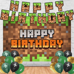 Green Pixel Theme Happy Birthday Banner for kids
