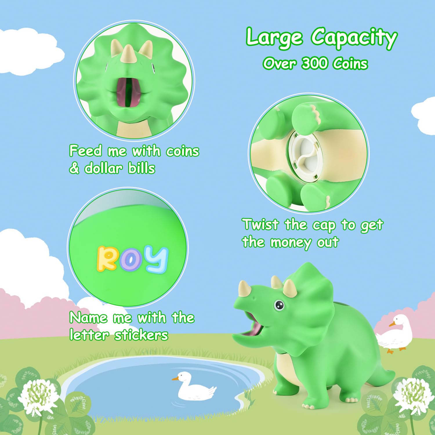 Color options pink blue green purple for kids piggy bank