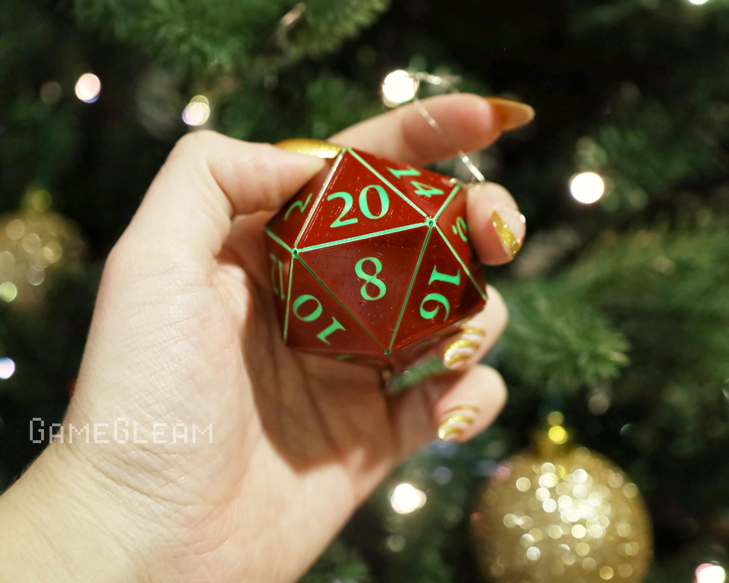 Green red holographic numbers on d20 ornament