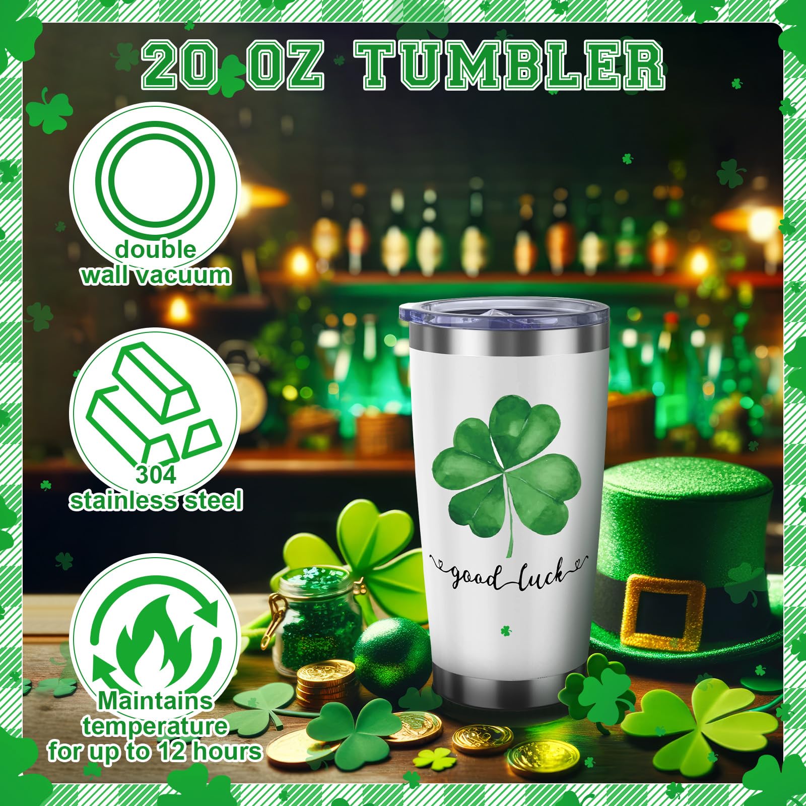 Green shamrock motif featured on tumbler