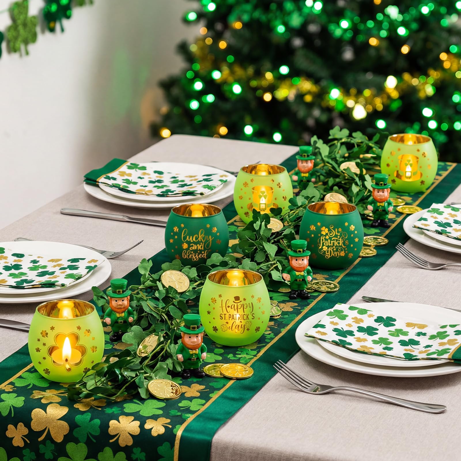 Green clover glass tealight holders with laser engraving