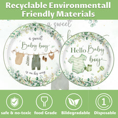 greenery baby boy shower plates 7in close up