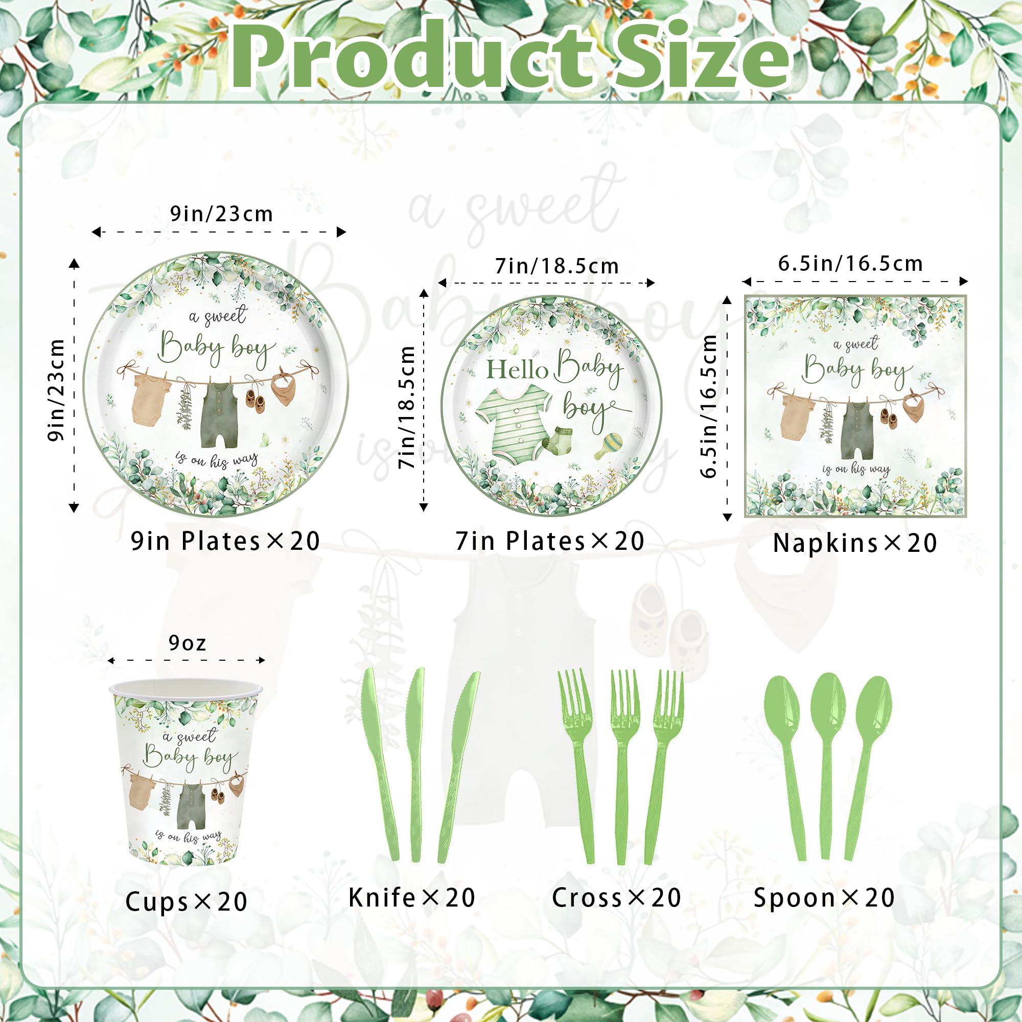 greenery baby boy shower shower plates 9in close up