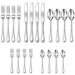 Greenloom 20 Piece Silverware Set stainless steel for 4 showing knives forks spoons