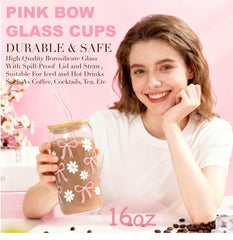 16oz glass cup with daisy print and pink bow GREOZORT