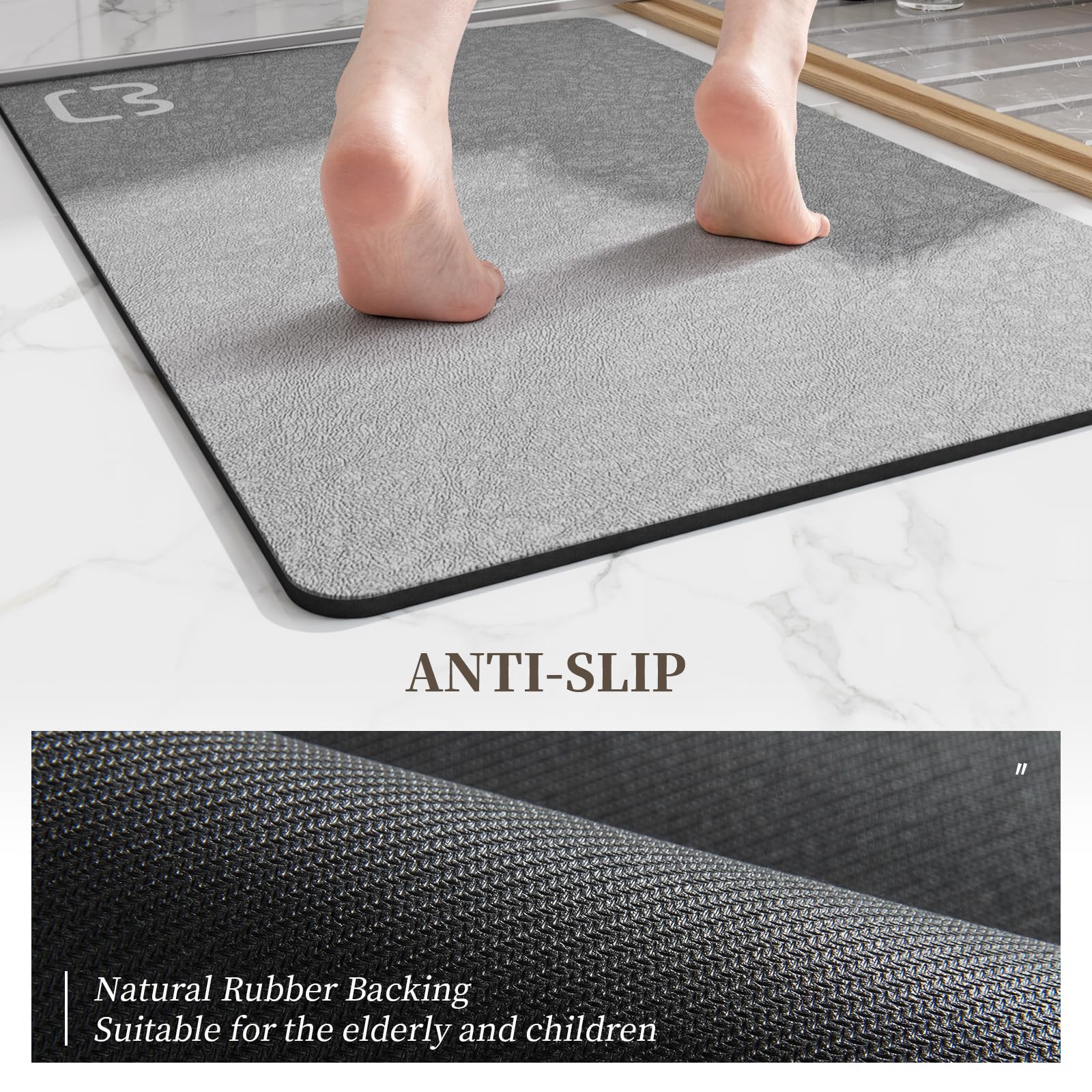 Non-slip rubber backing on grey bath mat