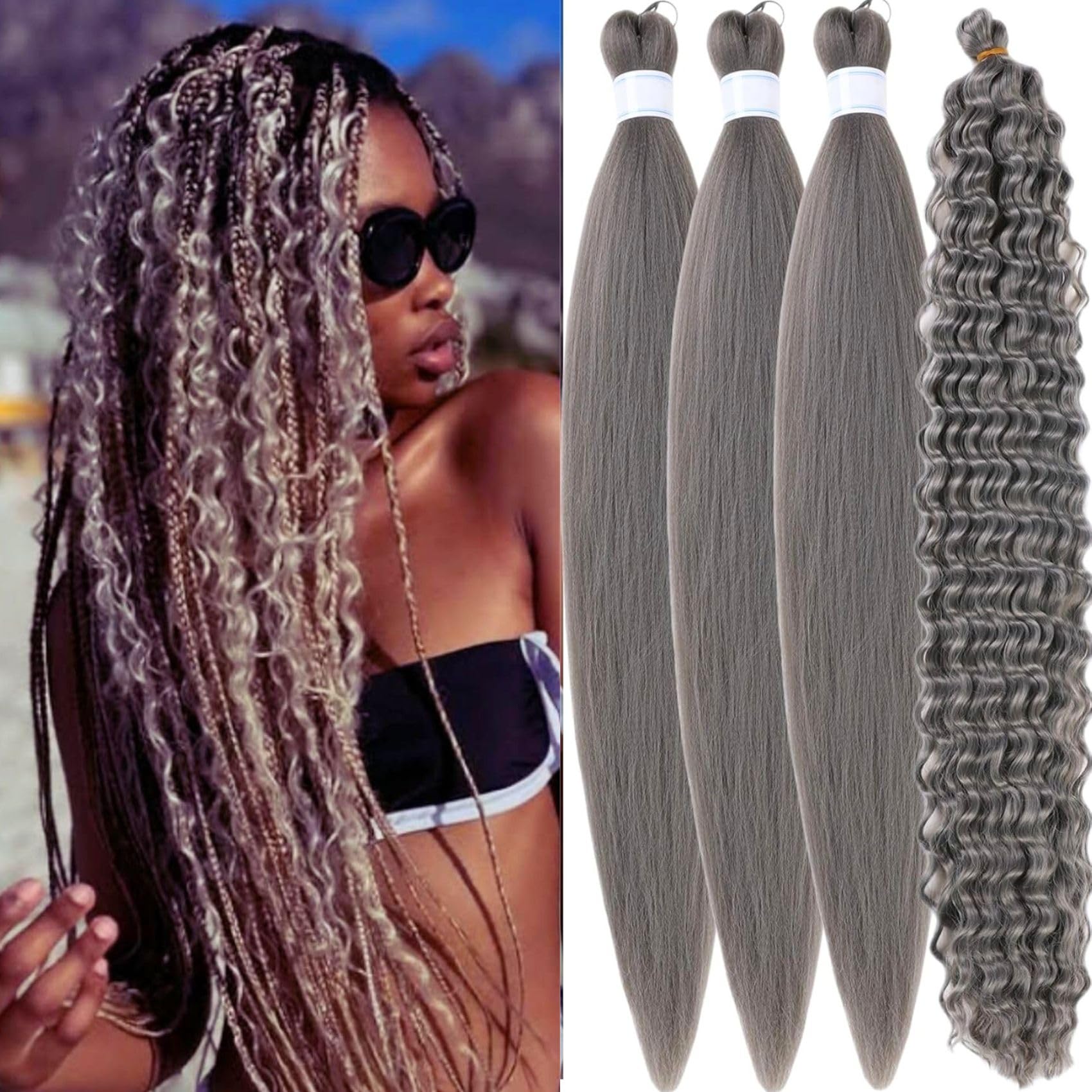 Grey braiding hair pre stretched curly 26inch Ez Braid pack
