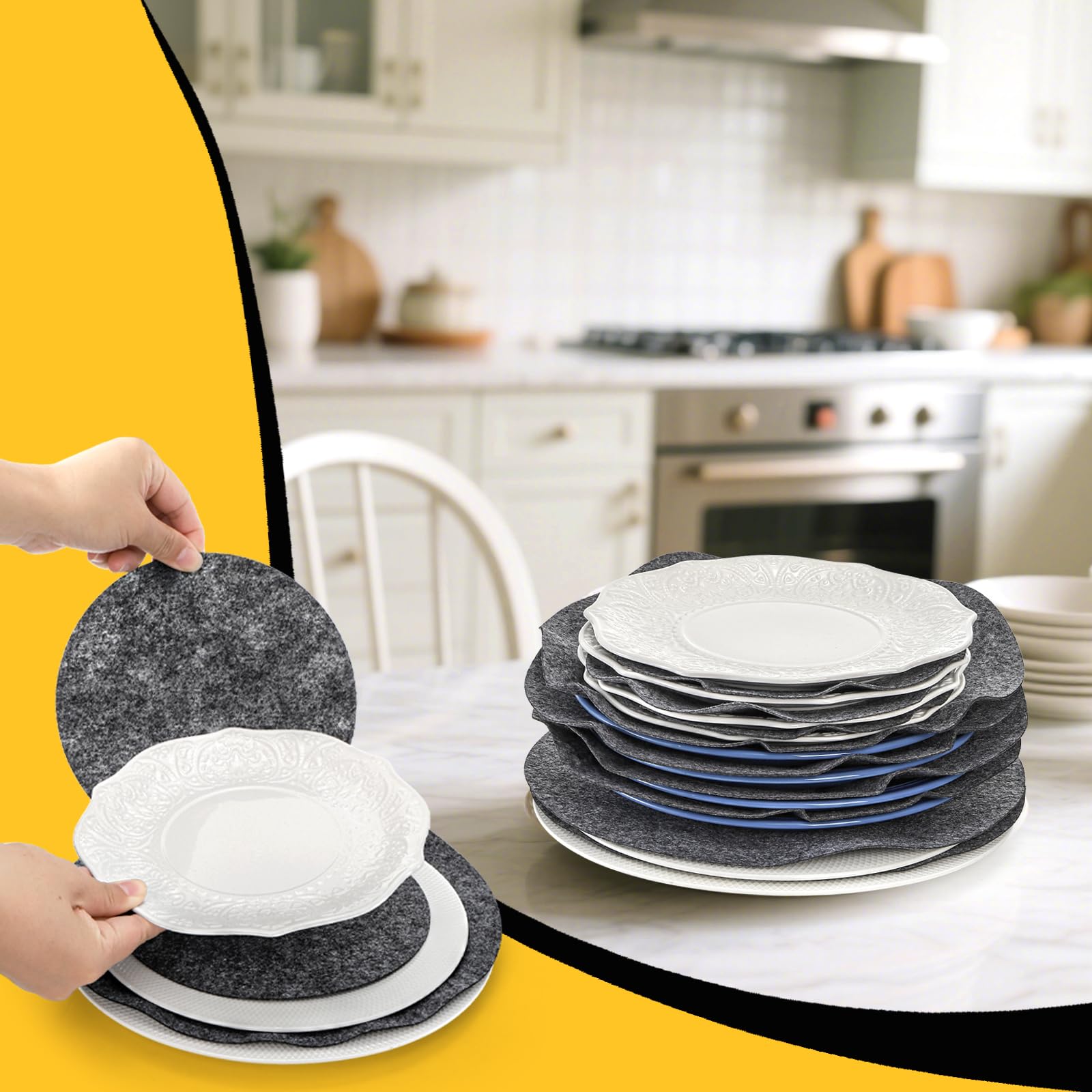 Set of 80 felt plate dividers shown for cabinet storage