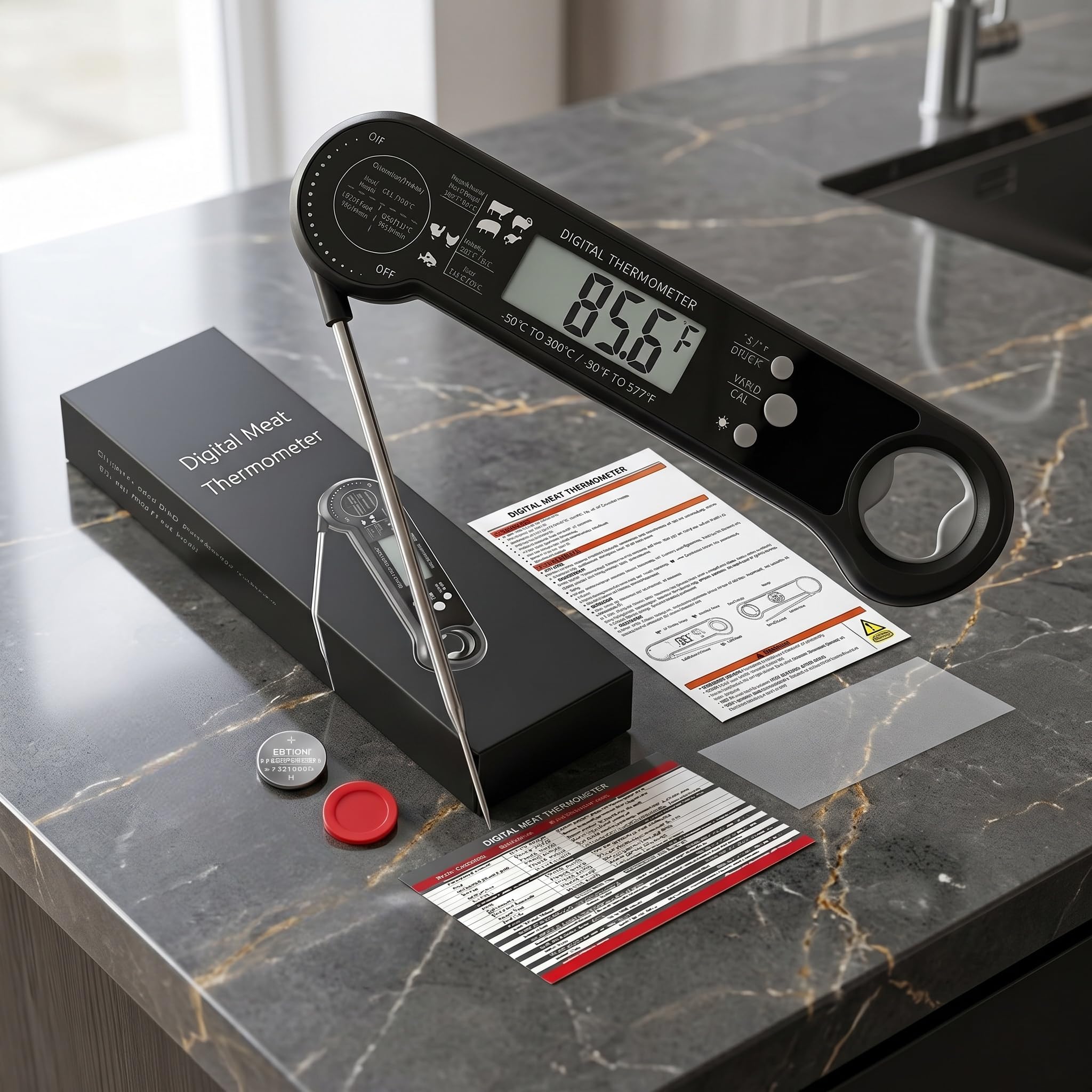 Grill and kitchen thermometer suitable for meats liquids oils baking