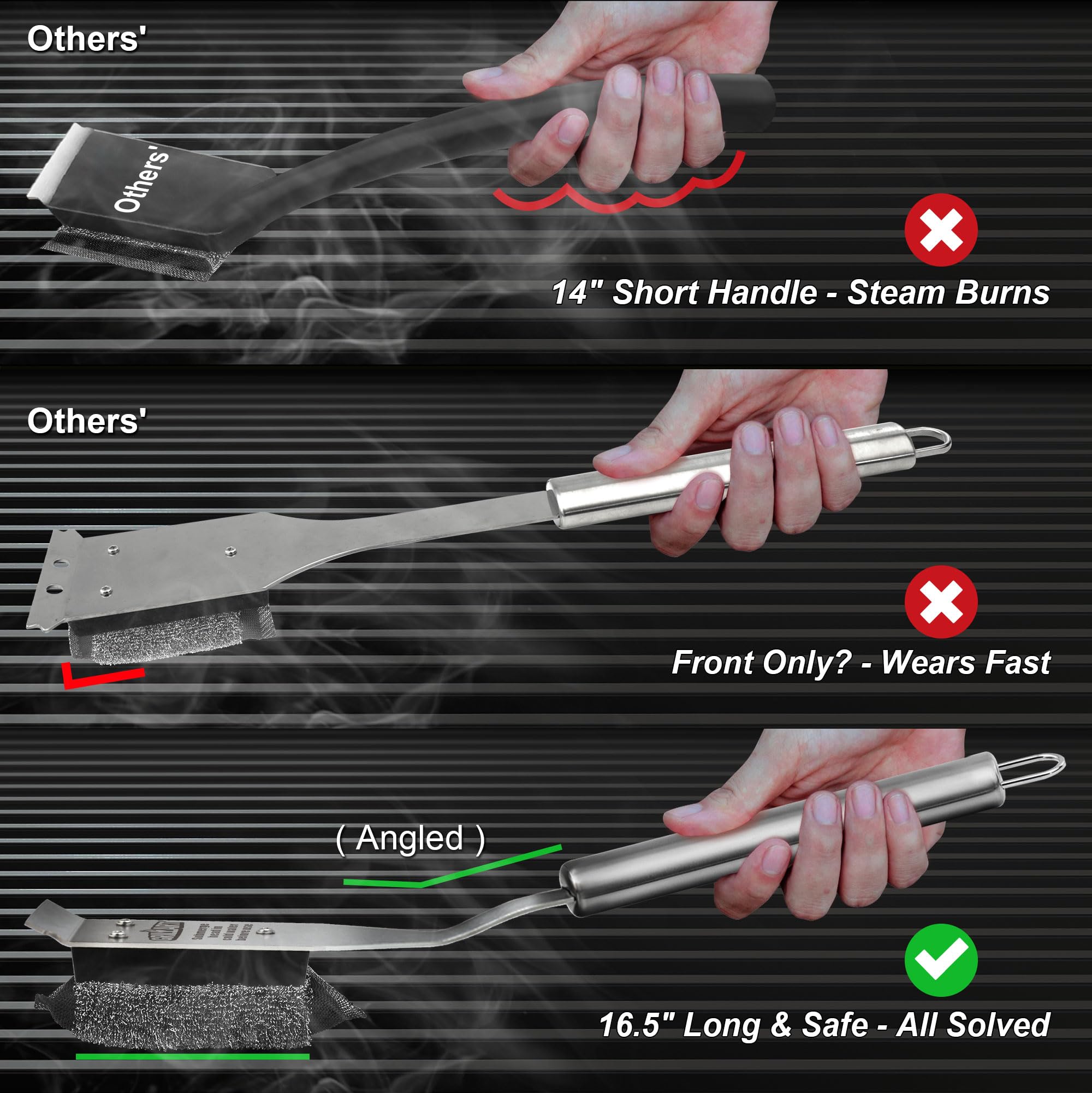 Grill brush kit with large hanging ring and replaceable head