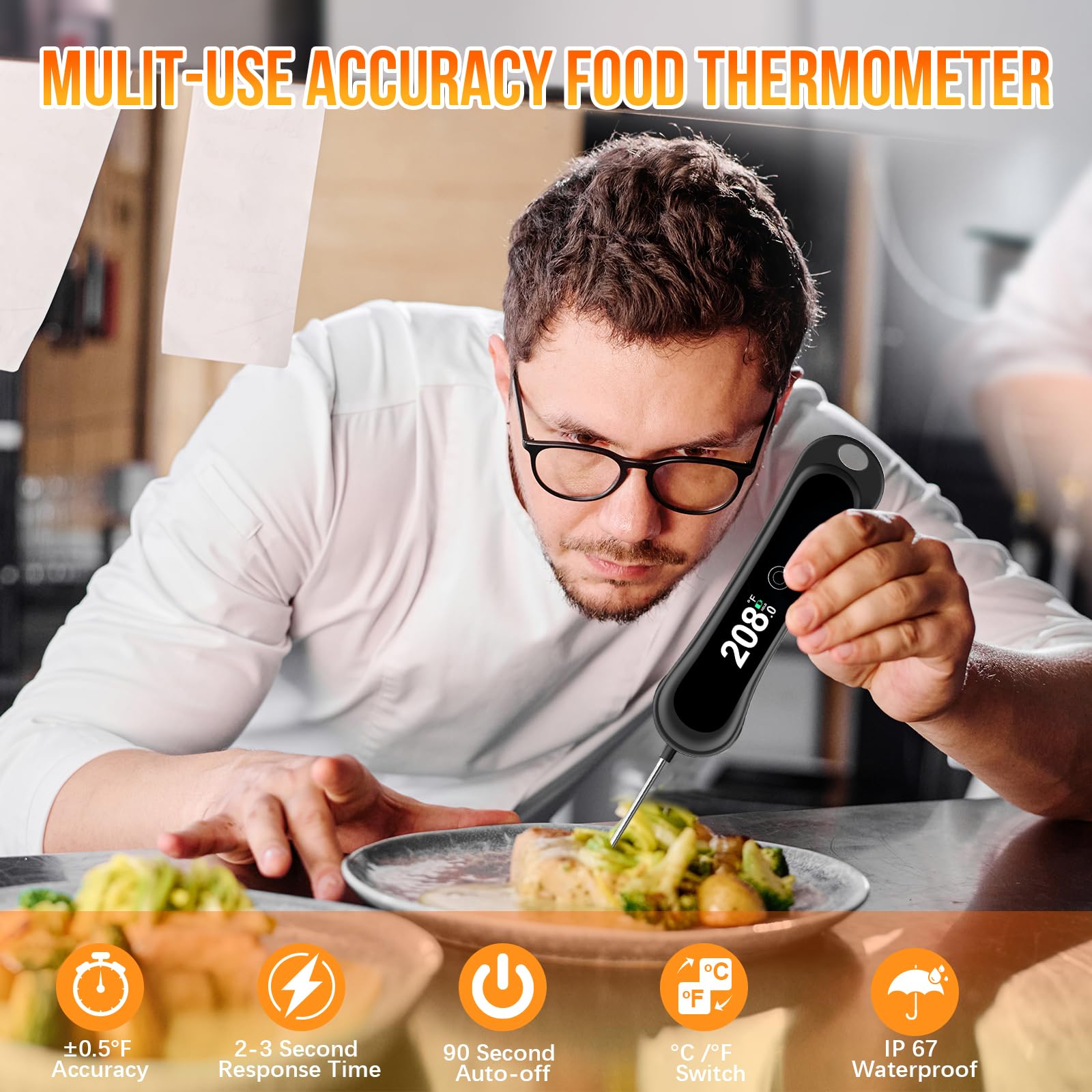 Grilling thermometer with backlight and magnet storage on fridge or oven
