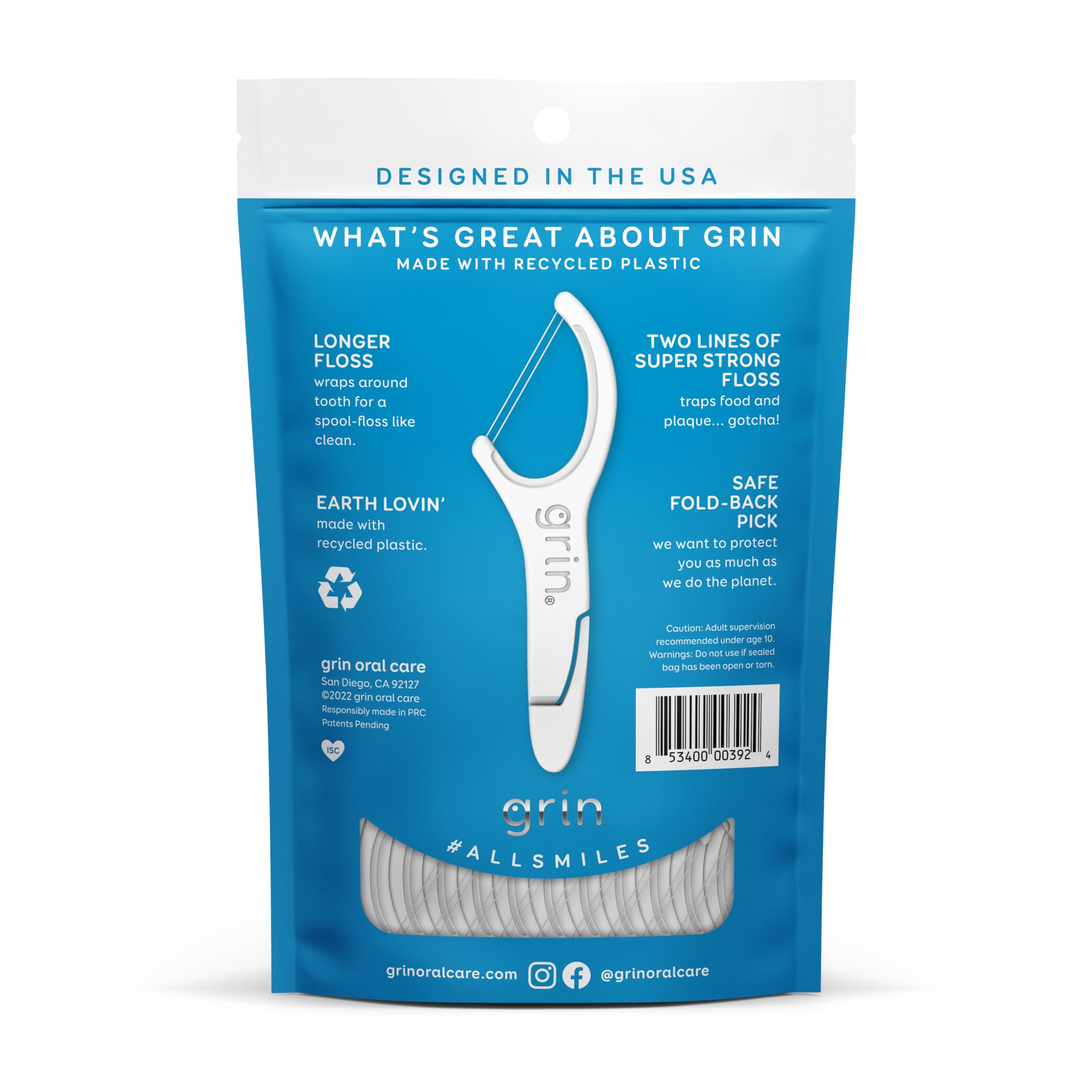 Minty flavor GRIN floss picks 75 count packaging