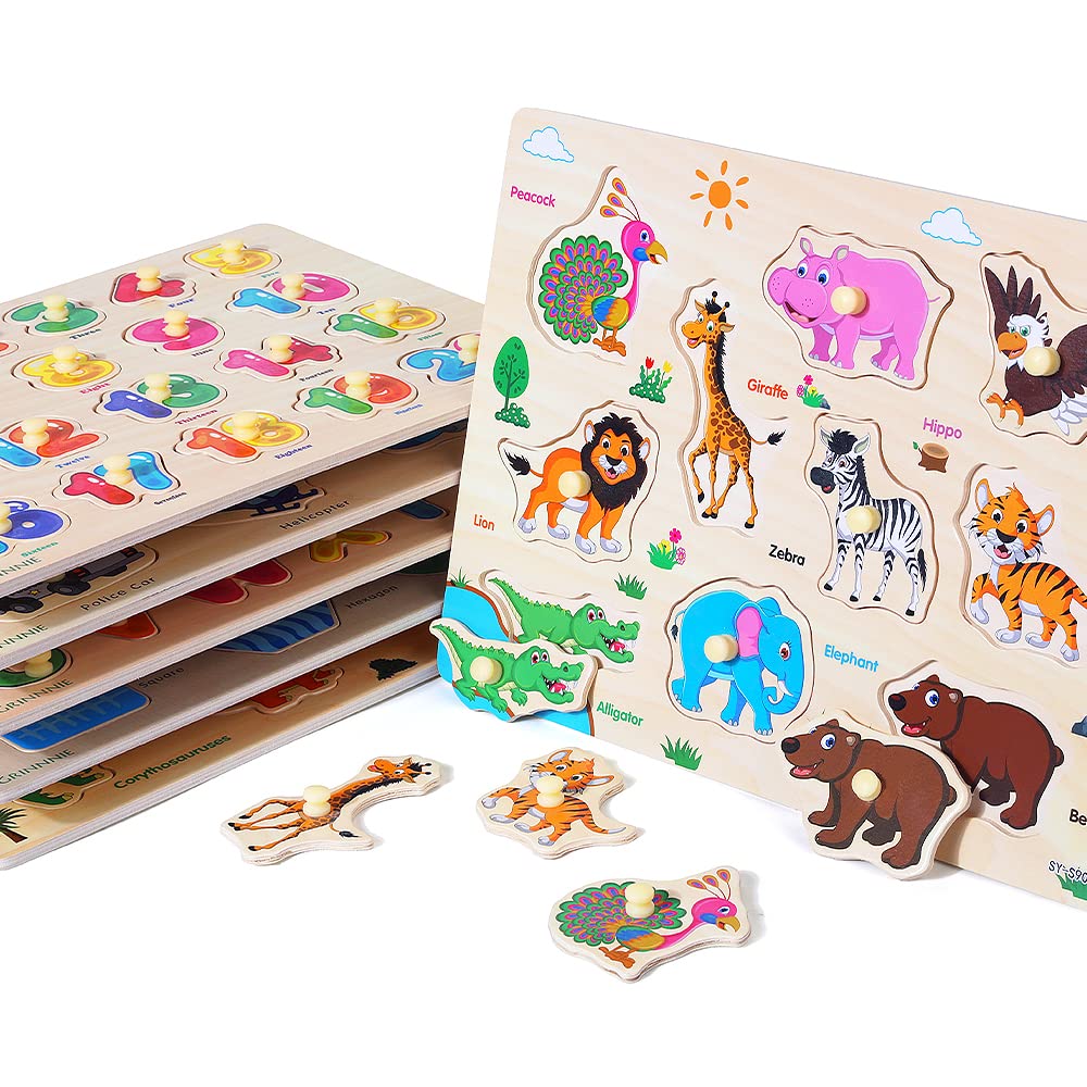 palm sized bright color wooden peg puzzle set