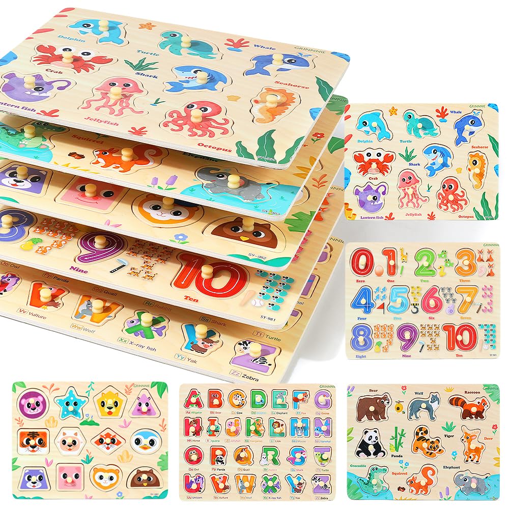 Grinnnie wooden puzzles for toddlers 5 piece set with knob handles