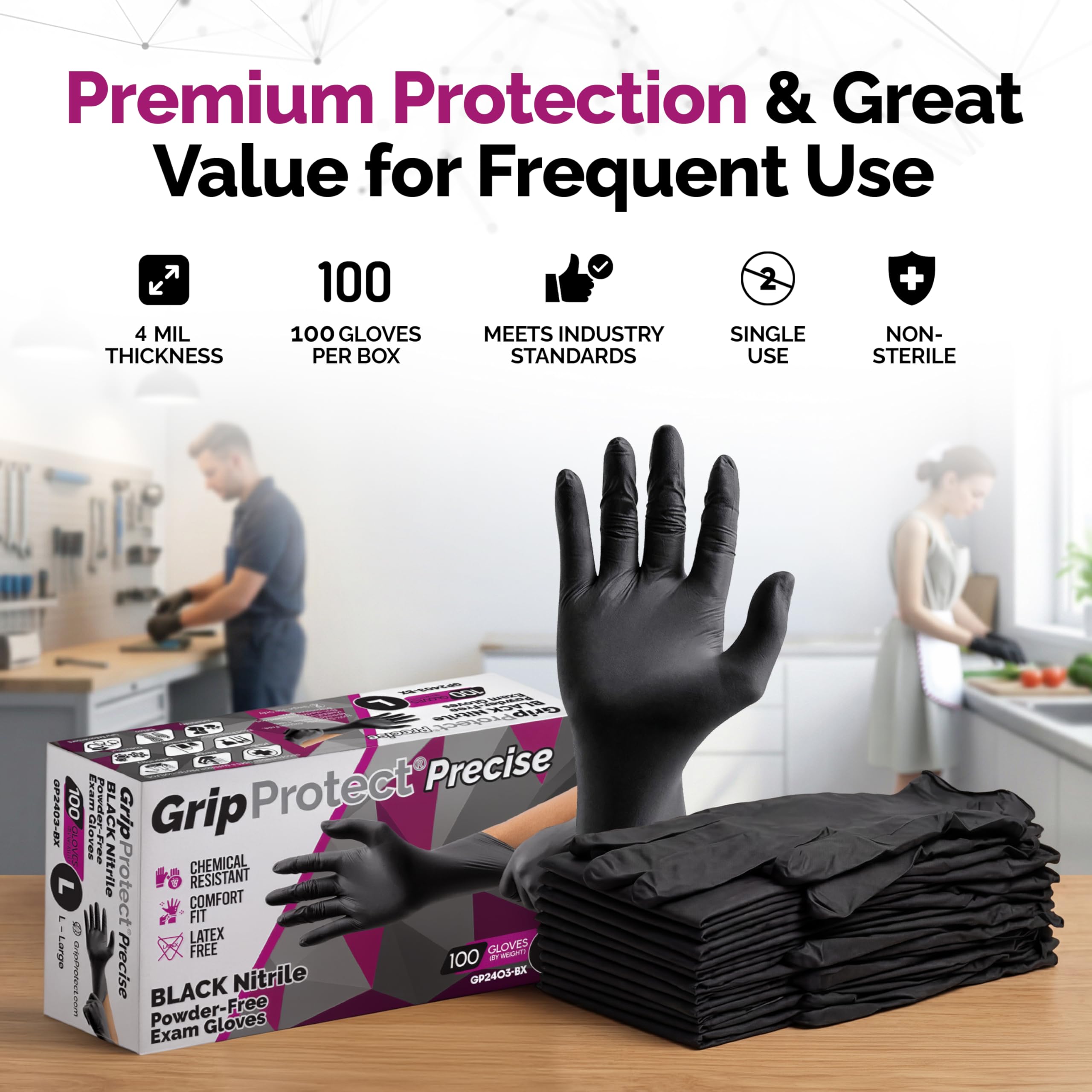 GripProtect Precise Black Nitrile Gloves 4 Mil 1000 count case packaging