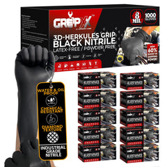 GRIPXX Herkules Grip Heavy Duty 8Mil Black Nitrile Gloves X-Large 1000 count