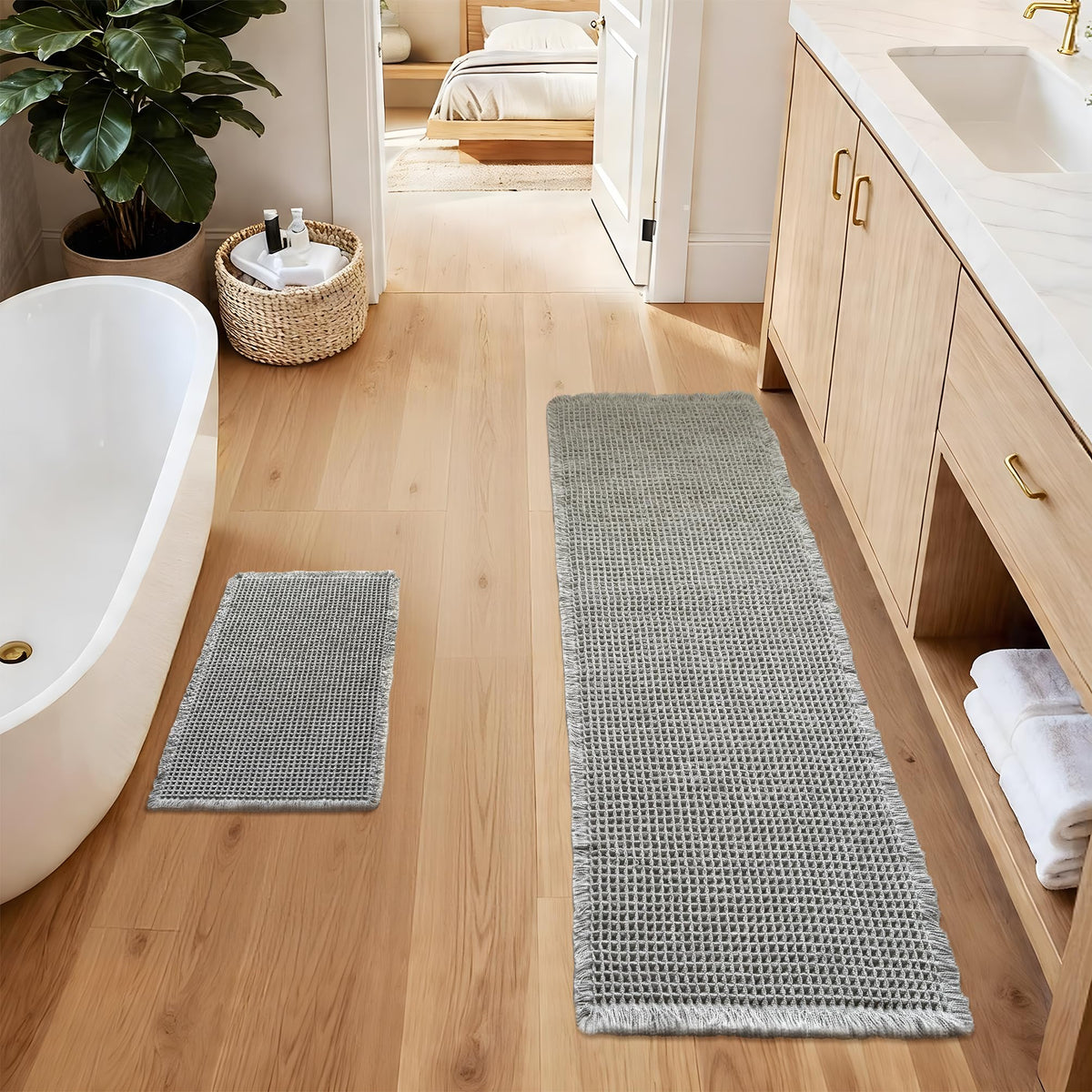 GRLYUH bathroom runner rug set 2 piece light grey waffle textured mats