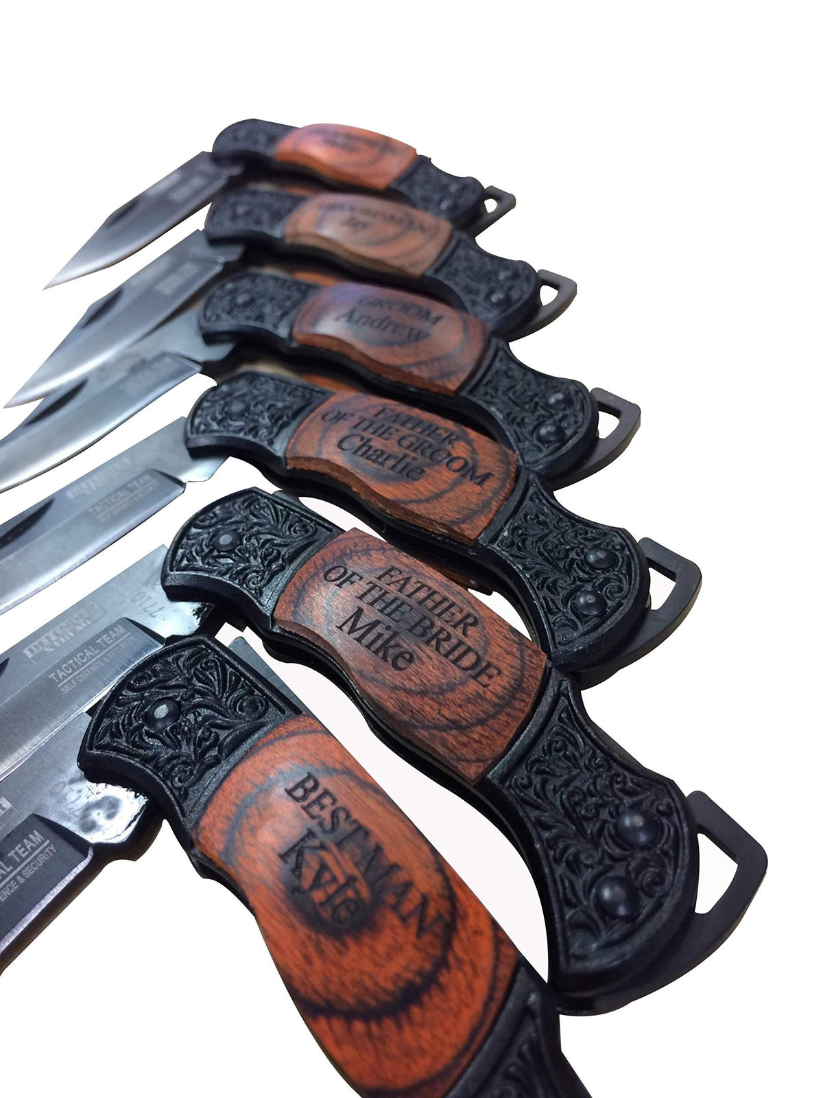 Set of 10 personalized engraved pocket knives for groomsmen with wooden handles and black blades
