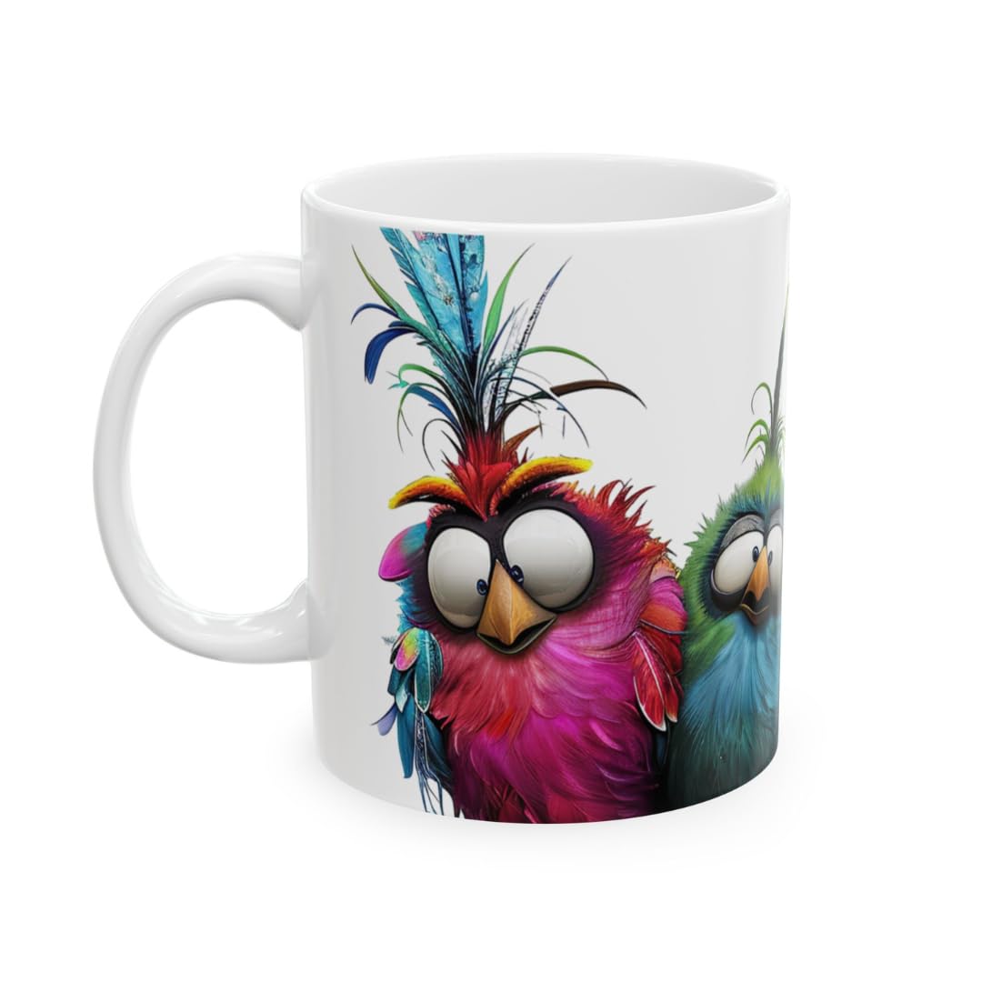 Close up of four colorful birds on a ceramic mug