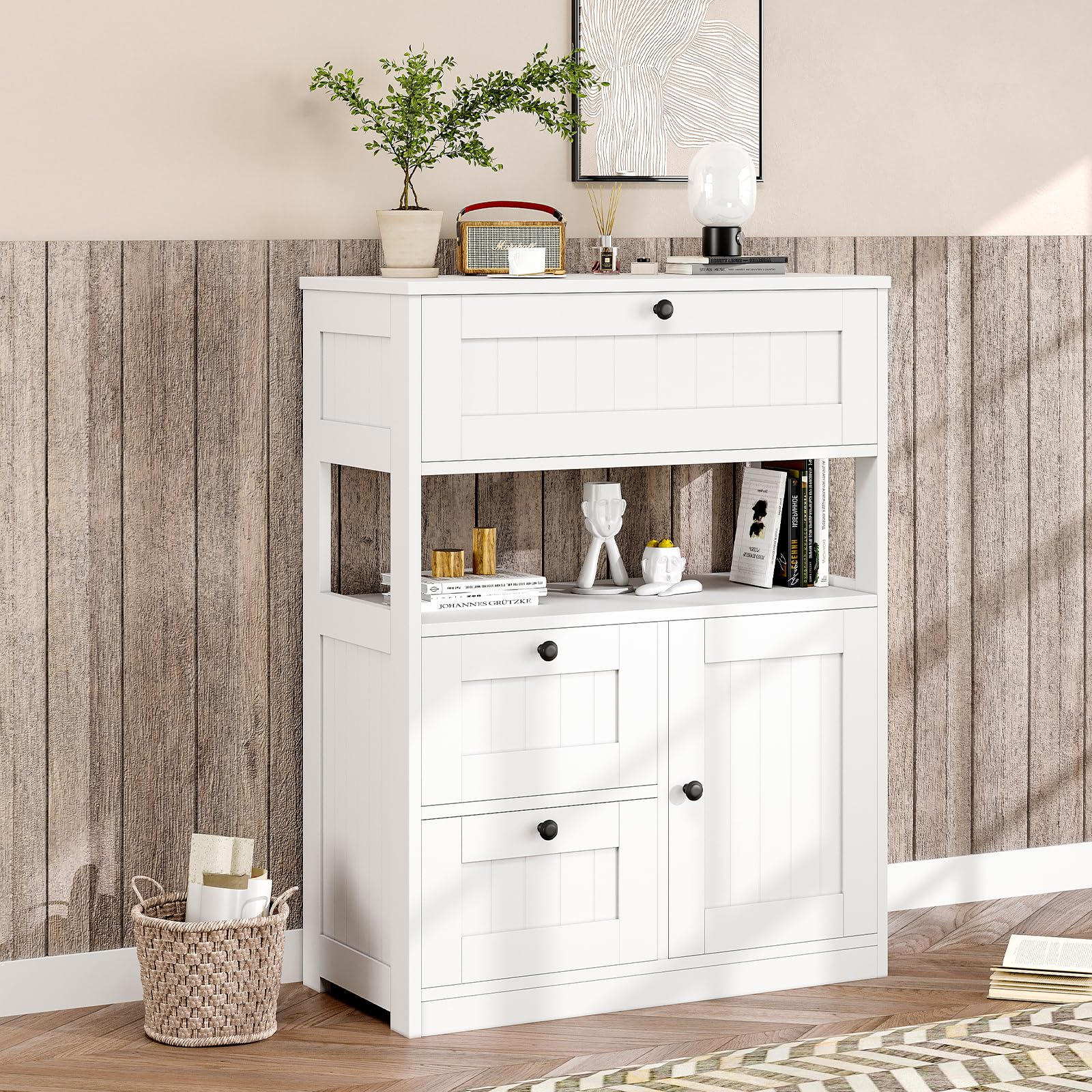 GRUSIGN freestanding floor storage cabinet with large tabletop and open compartment